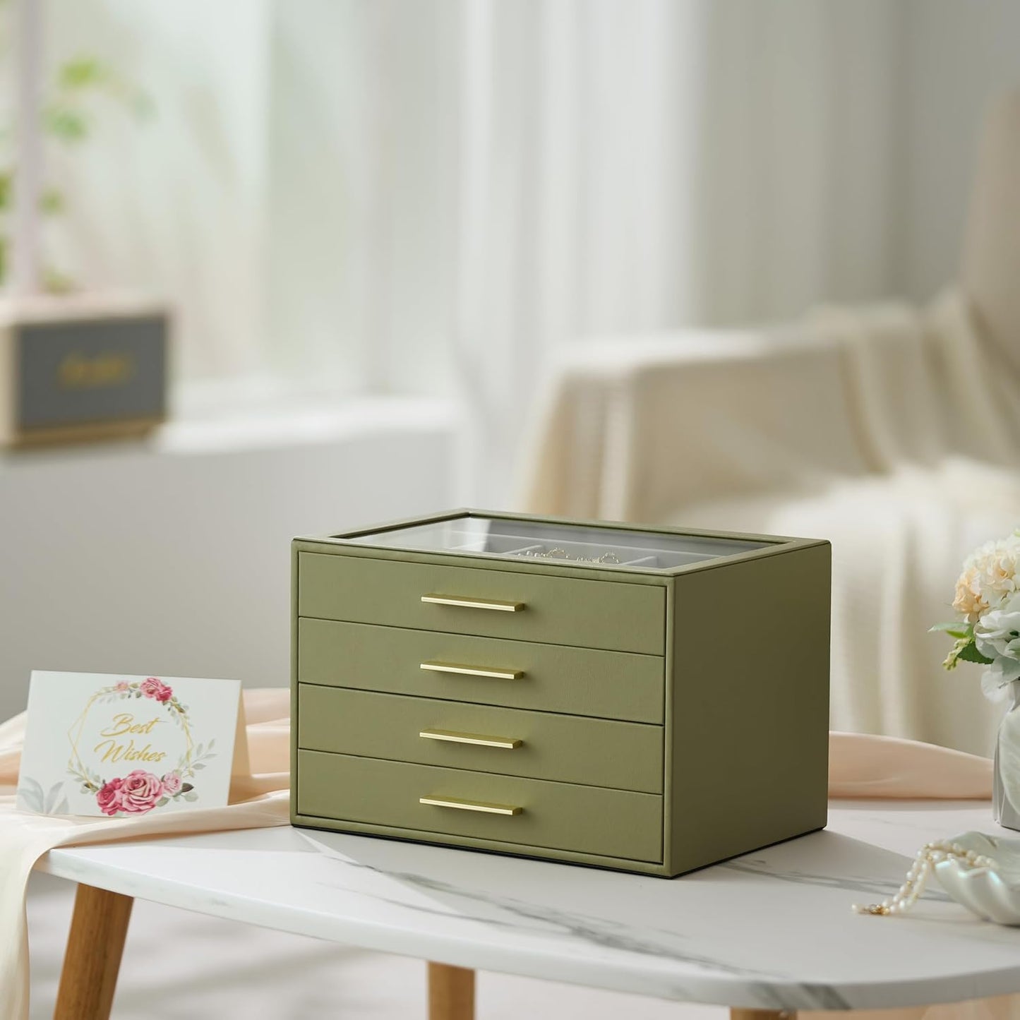 Jewelry Box Organizer Case for Women: 4-Layer Jewelry Storage Case with Glass Window, Olive Green Leather with Cream Velvet, Holder for Ring Necklace Bracelet Brooch Watch, Great Gift for Her