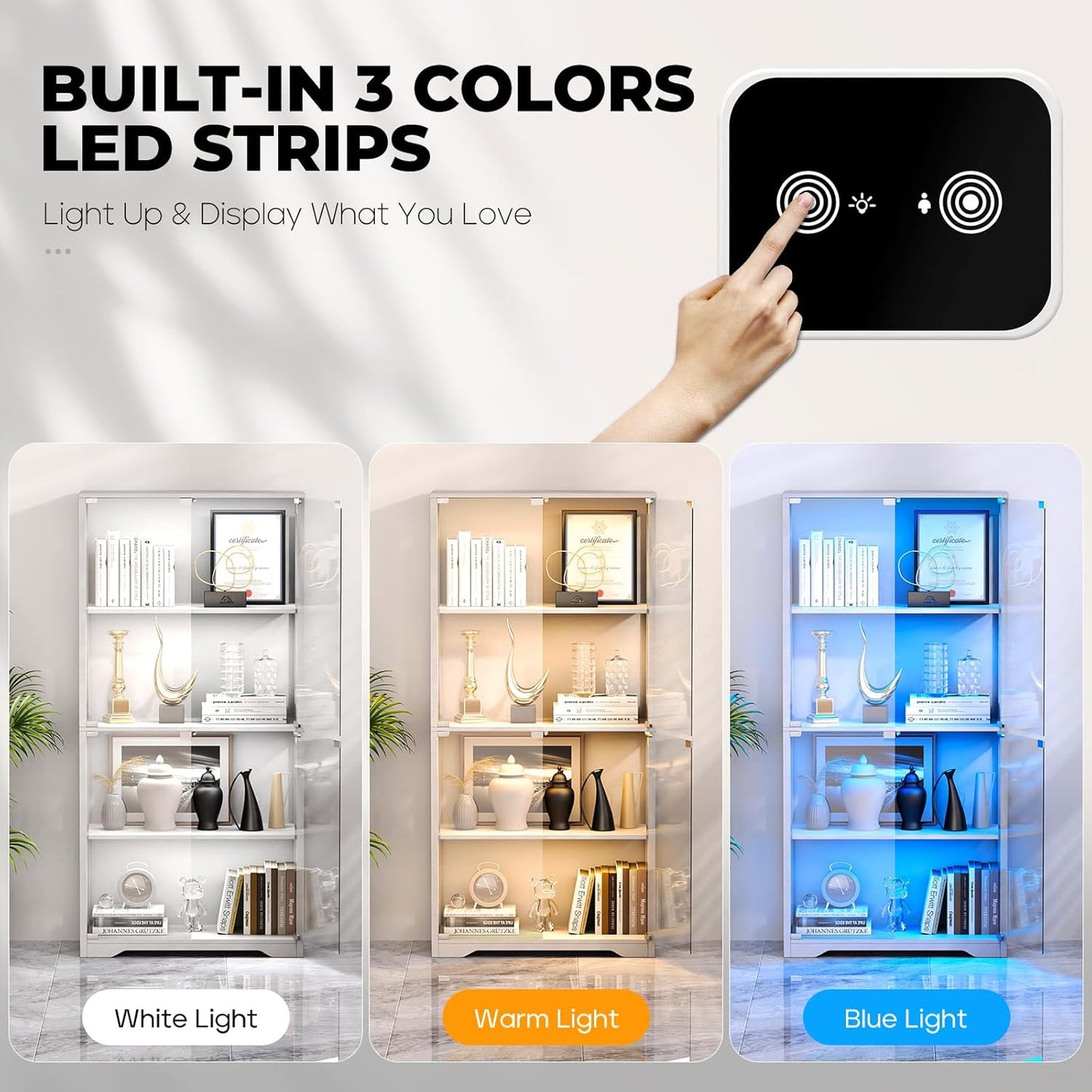 Display Cabinet with Glass Doors, 4-Tier Curio Cabinet with 3 Color Lights for Collectibles, Glass Display Case with Human Body Sensor, Bookcase with 4 Shelves, Storage Cabinets, White