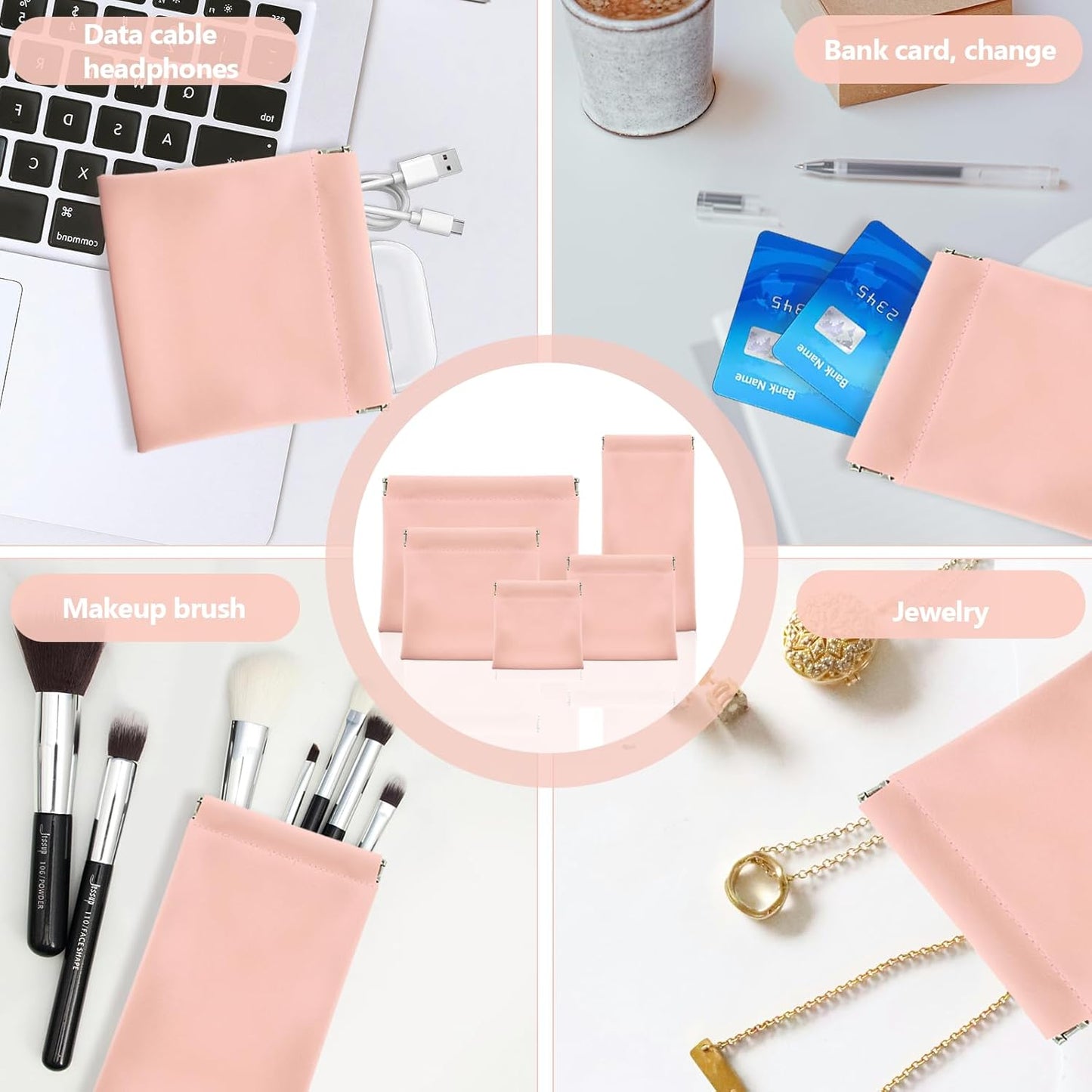 5Pcs Snap Closure Leather Organizer Pouch, Pouchic Leather Organizer, Storage Pouch(Pink)