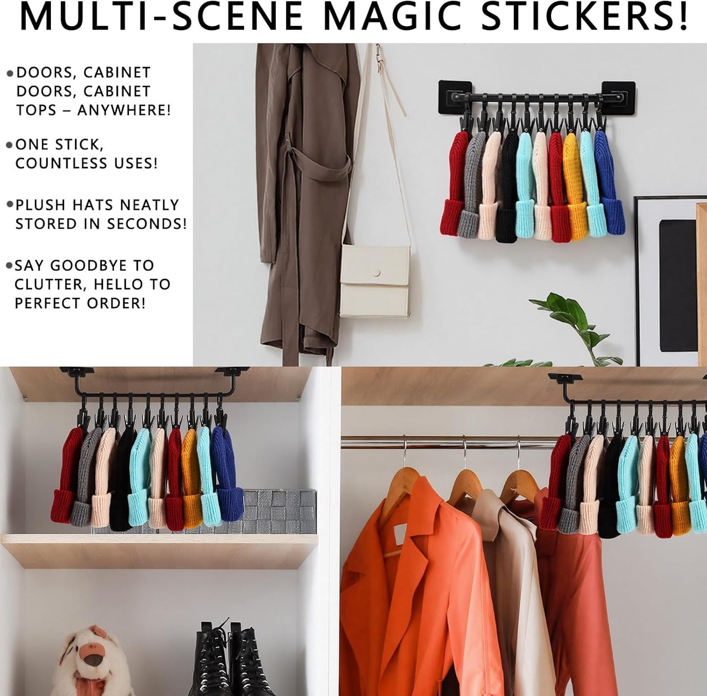 3 Pcs Beanie Holder Organizer for Door Knitted Hat Display Rack Wall Mounted Hat Storage with 30 Movable Clips Cap for Door Closet Wall Bedroom Entryway Storage