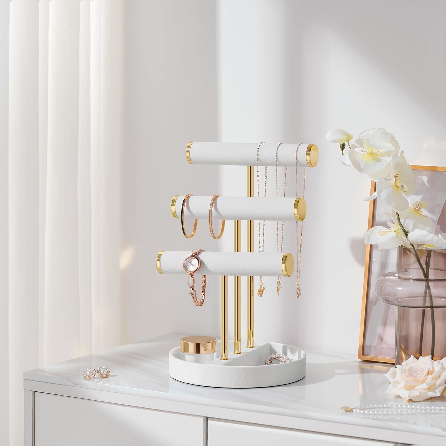 Bracelet Holder Jewelry Organizer Display - 3 Tier T Bar Velvet Stand, White Necklace Holder Organizer, Bracelet Holder, Earring Holder and Ring Display for Jewelry Organizers and Storage