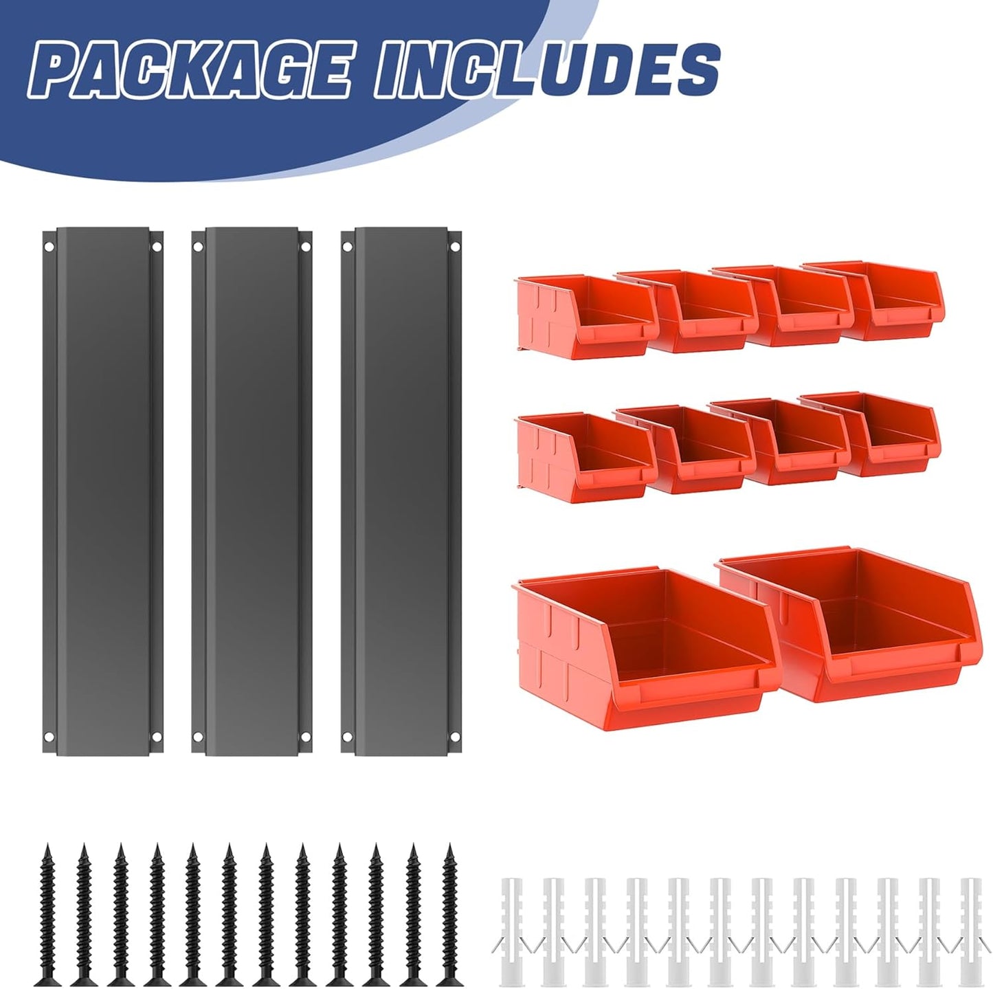 WALMANN Wall Mounted Storage Bins for Small Parts, 10 Bins with 3 Metal Rails, Plastic Bins for Screws, Bolts, Nuts, Craft Room, Workshop, and Garage Wall Storage Bins(Orange-red)