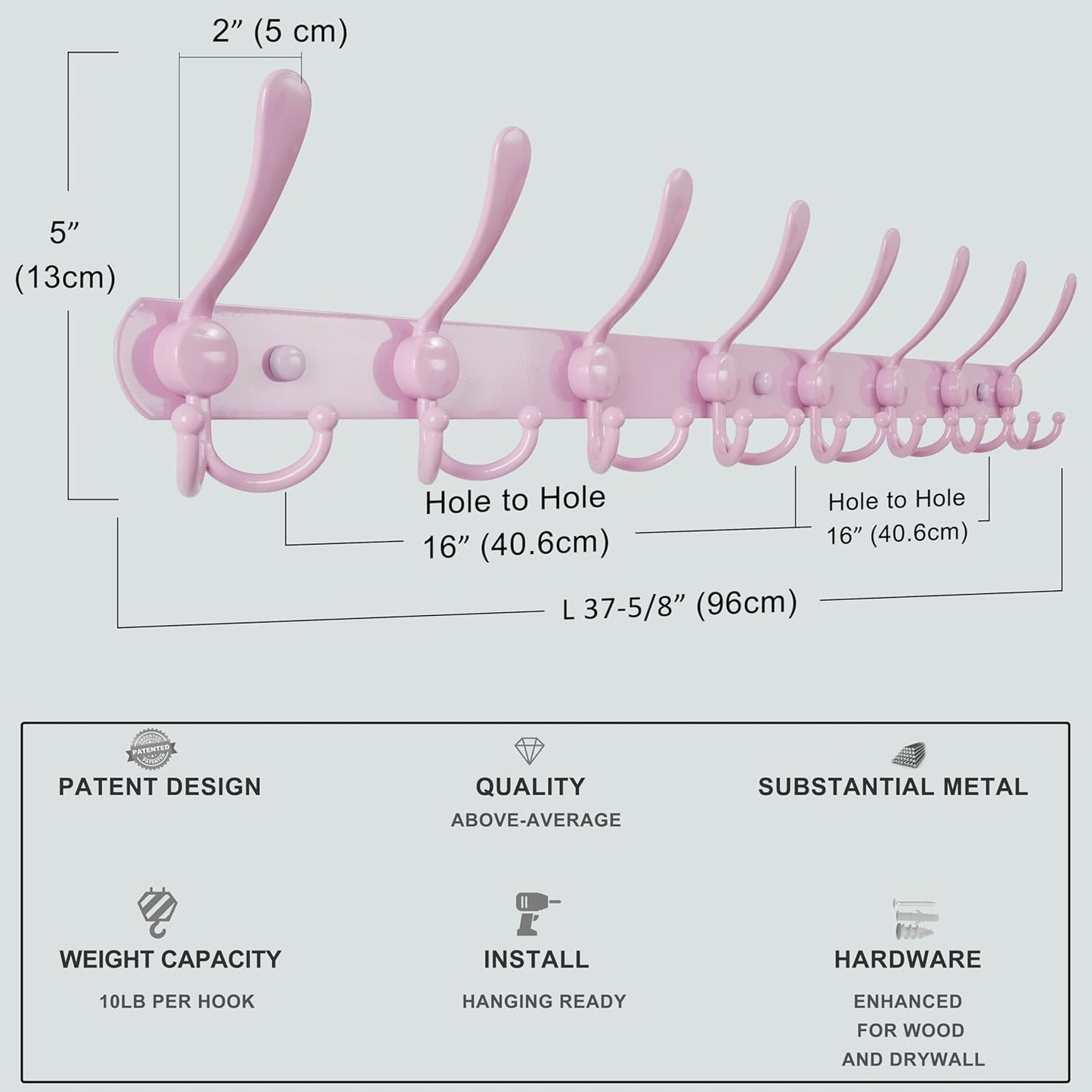 Dseap Coat Rack Wall Mount - 38” Long 10-Tri-Hooks Heavy Duty Coat Hanger Rail Wall Hooks for Hanging Coats Hats Clothing Clothes Purse Mudroom Entryway, Pink