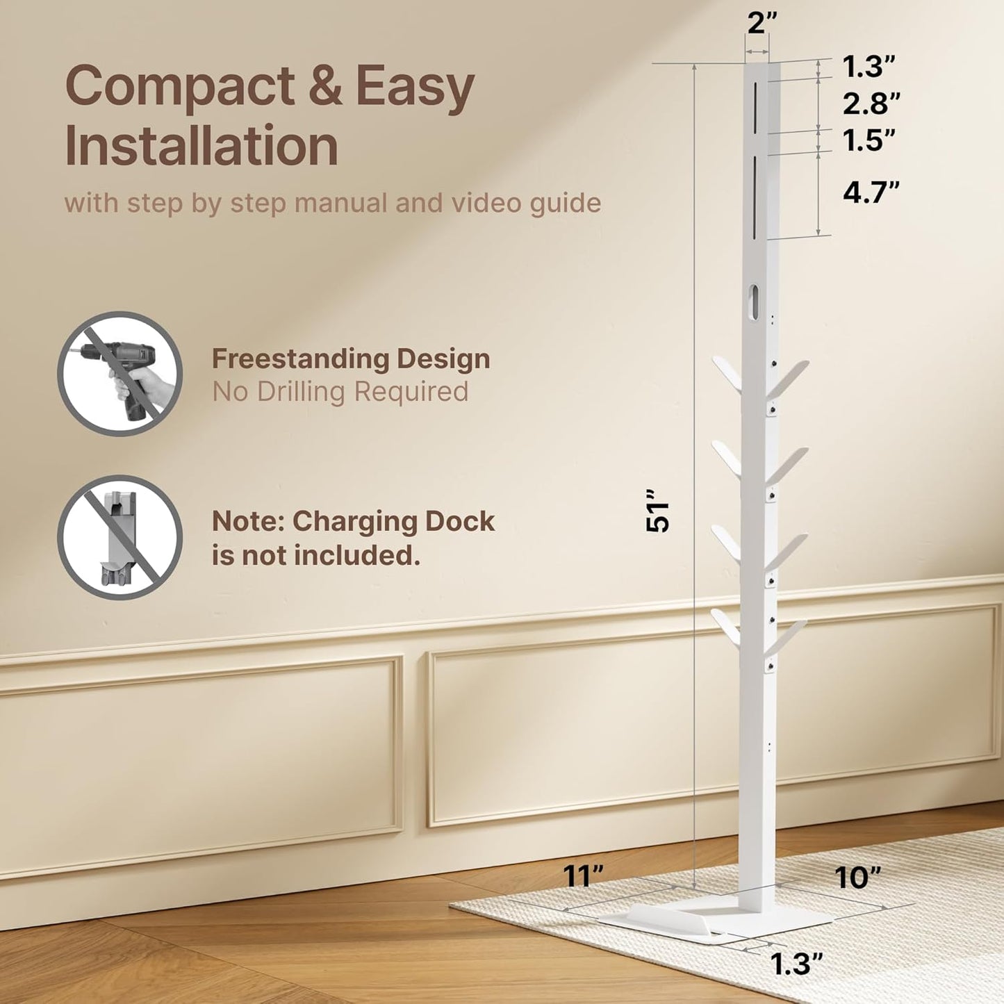 Vacuum Stand for Dyson Gen5 V15 V12 V11 V10 V8 V7 V6, Tineco S11 A10 A11, Eureka NEC180 280TL, Cordless Vacuum Cleaner Holder with 8 Storage Hooks, Accessories & Attachments Organizer, White
