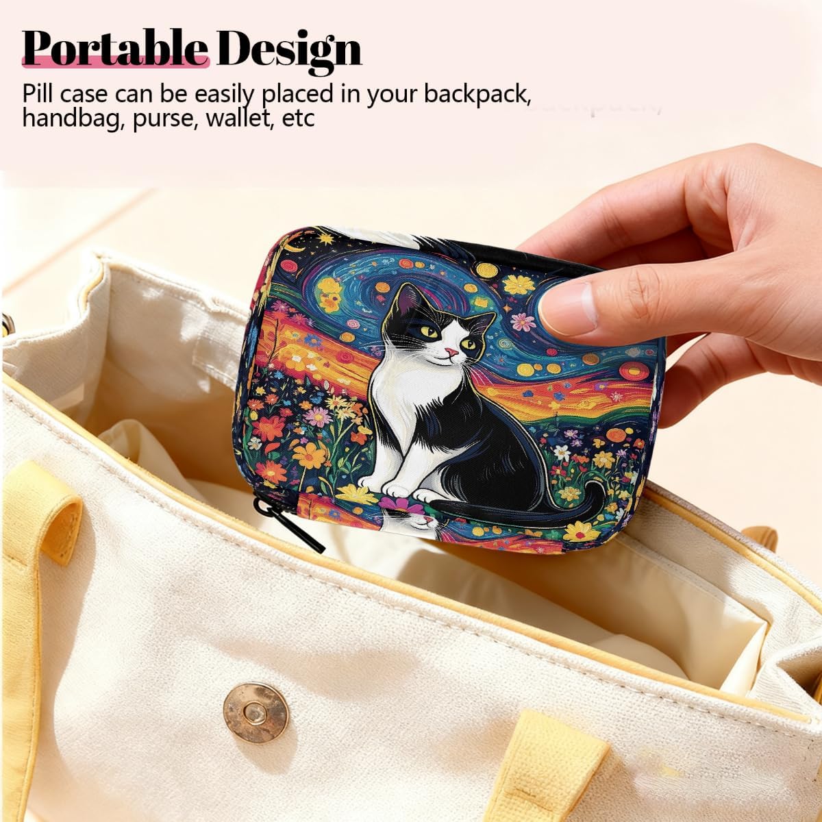 Oli Painting Cat Flowers Pill Organizer Travel Medicine Case with Zipper Daily Vitamin Storage Bag Portable 8 Slot Weekly Pill Box Supplement Holder for Home Office Gym Travel