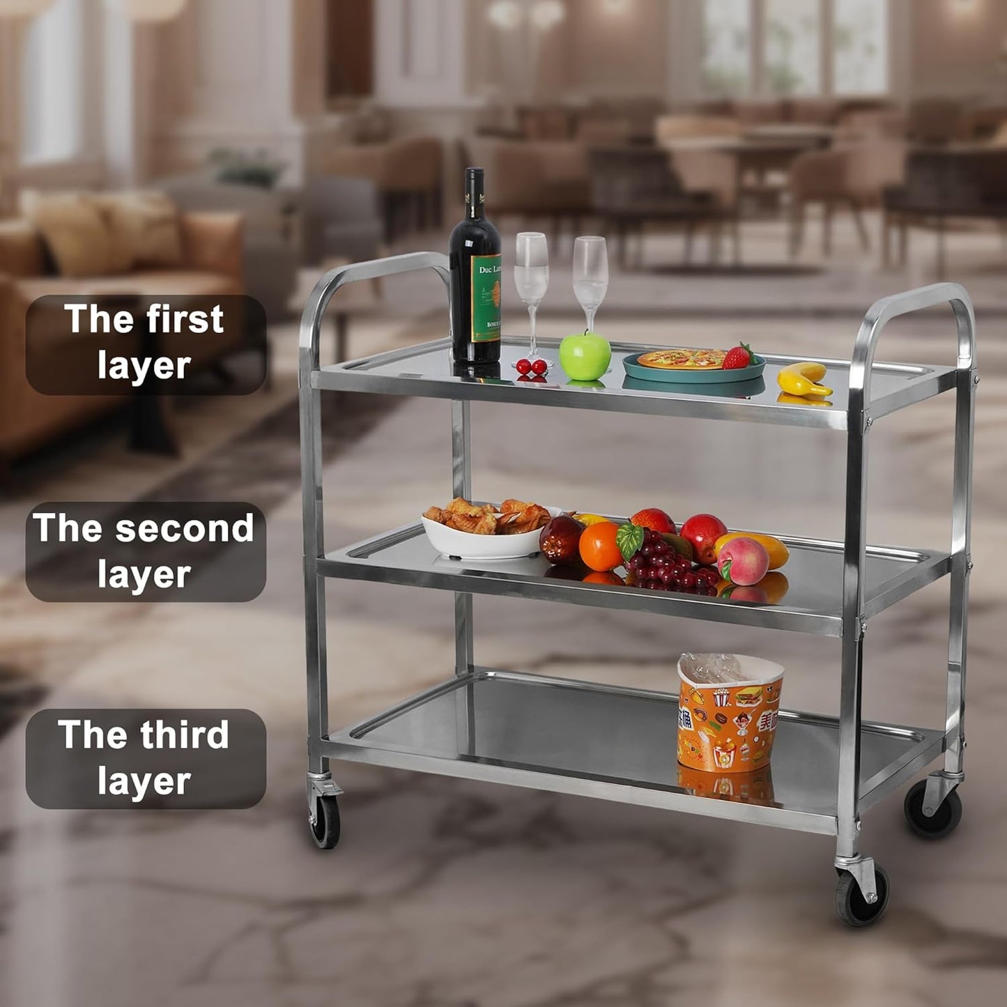 uyoyous 3 Tier Stainless Steel Utility Cart 37"x20"x37" Commercial Heavy Duty Rolling Cart Food Storage Service Trolley with 360°Rotatable Wheels for Kitchen Hotel Restaurant Home Use