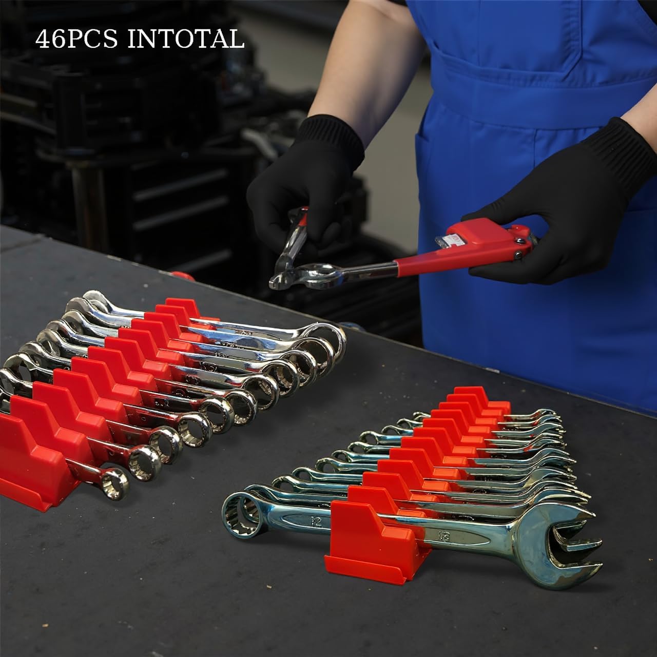 46PC Red Magnetic Wrench Organizers Set for Tool Storage - Modular Wrench Holders with Metric & SAE Labeled Slots, Extra Strength Magnet Base - Workshop & Home Toolbox Organization Gift
