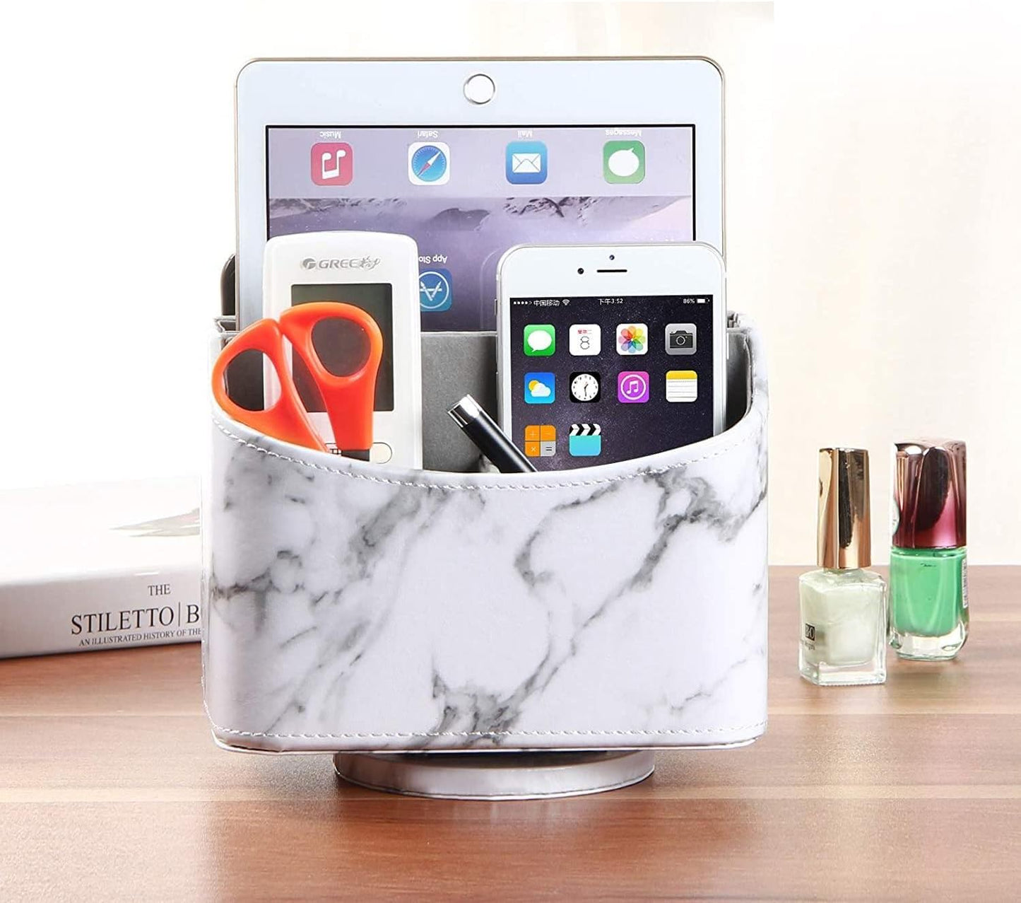 PU Leather Remote Control Holder,360 Degree Spinning Desk TV Remote Caddy,Desk Organizers and Accessories,for Controller,Media,Mail,Calculator,Mobile Phone,Pen Storage Holder(White Marble)