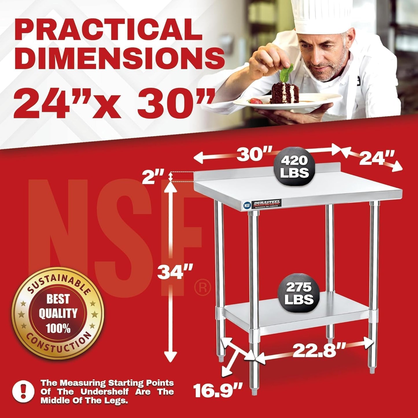 DuraSteel NSF Stainless Steel Table - 24 x 30 Inch Metal Work Table w/Undershelf - Commercial Kitchen, Restaurant, Garage, Laundry - Outdoor Stainless Steel Prep Tables Countertop Island Grill Small