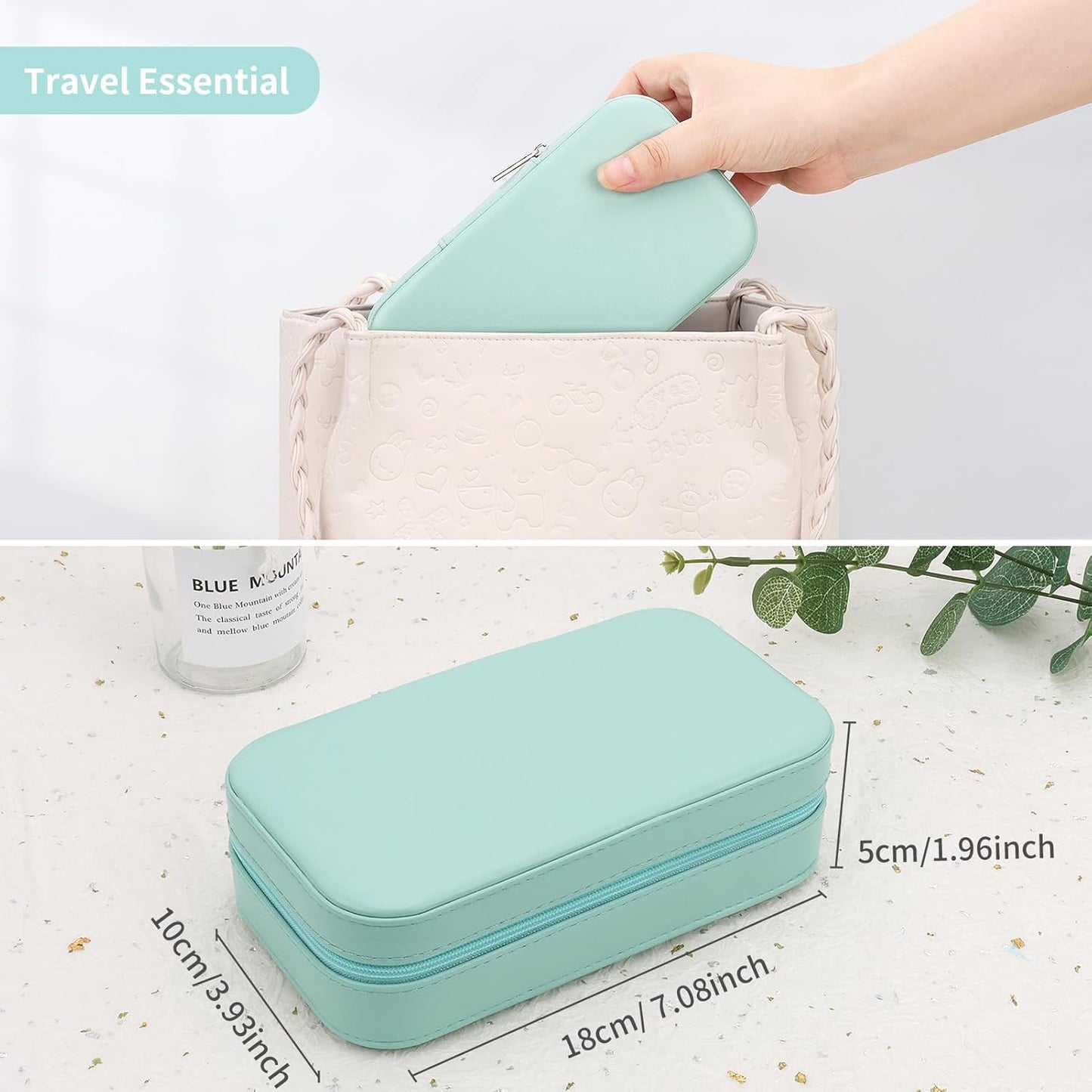 DesignSter Travel Jewelry Box, PU Leather Portable Jewelry Case, Small Jewelry Boxes for Gifts, Travel Jewelry Organizer for Women Rings Earrings Necklaces Bracelets (Mint Green)