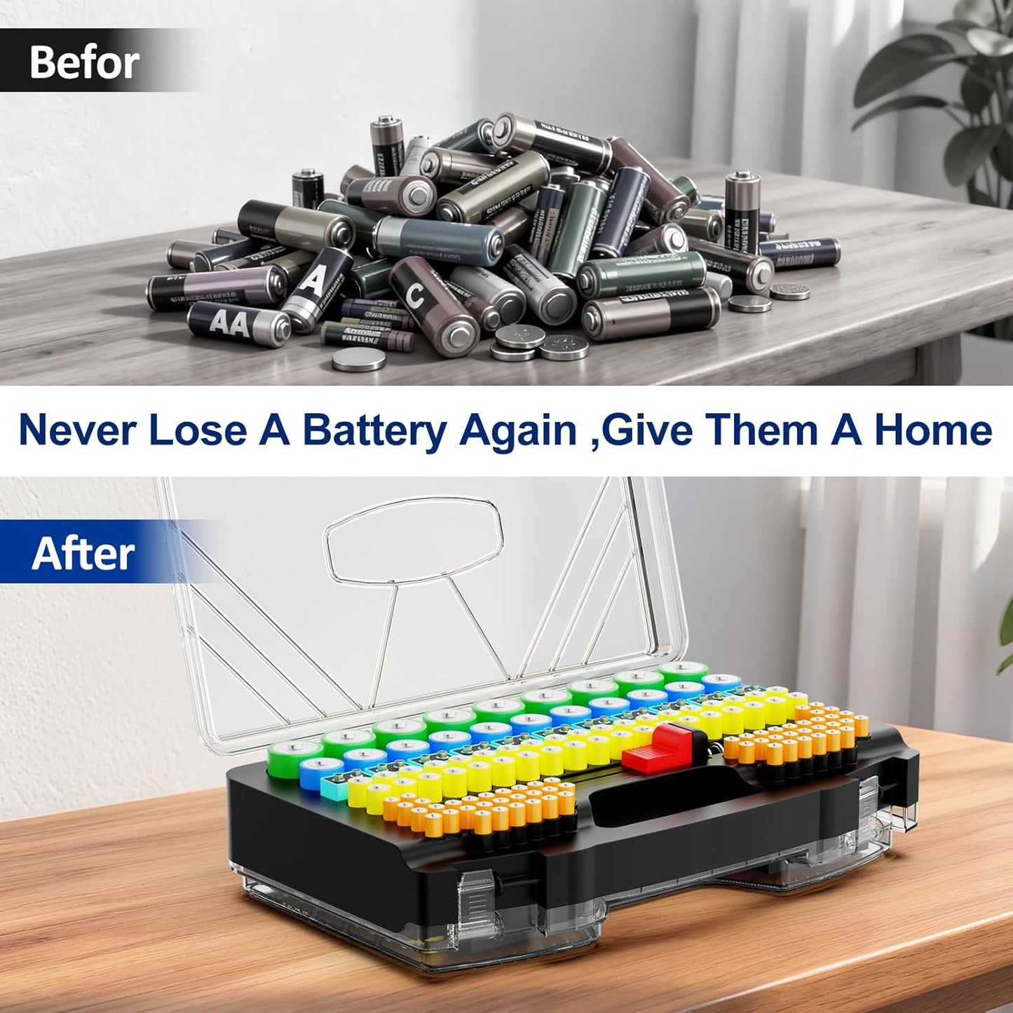Battery Organizer Storage Holder Box Case with Tester, New Ultra-Large 285+Batteries Double-Sided Variety Pack, Holds AA AAA 4A C D Button Cell 9V 3V CR123 CR1632 LR44 Lithium18650 CR2 Black