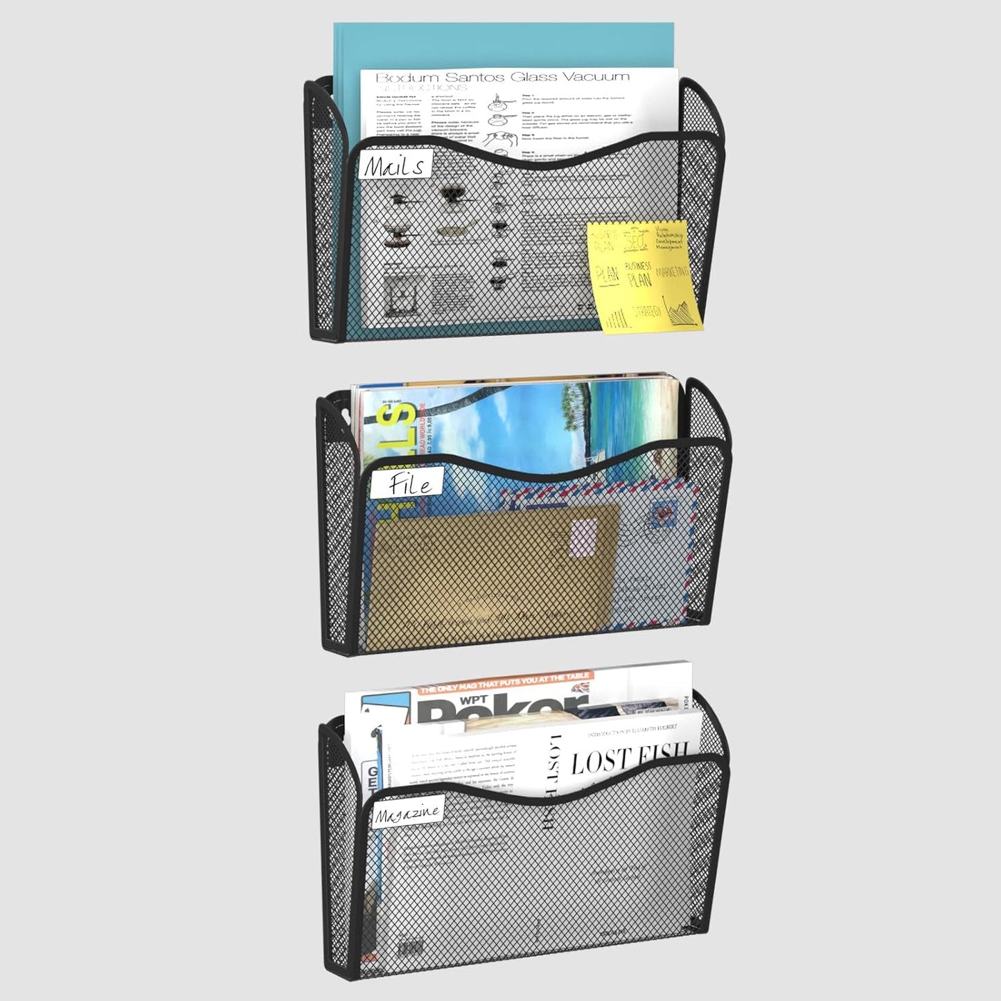 Wall File Organizer, Mesh Hanging File Organizer, Home Office Organization and Storage, 6 Single Pockets Document Magazine Rack