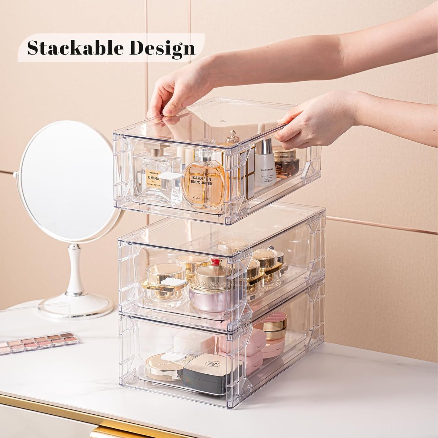 Stackable Pull-Out Storage Drawers,Easily Clean for Craft, and Toy Organization,Plastic Clear Organizer Bins with Handles for Kitchen Undersink,Cabinet,Fridge,Closet,Pantry,Office,Bathroom