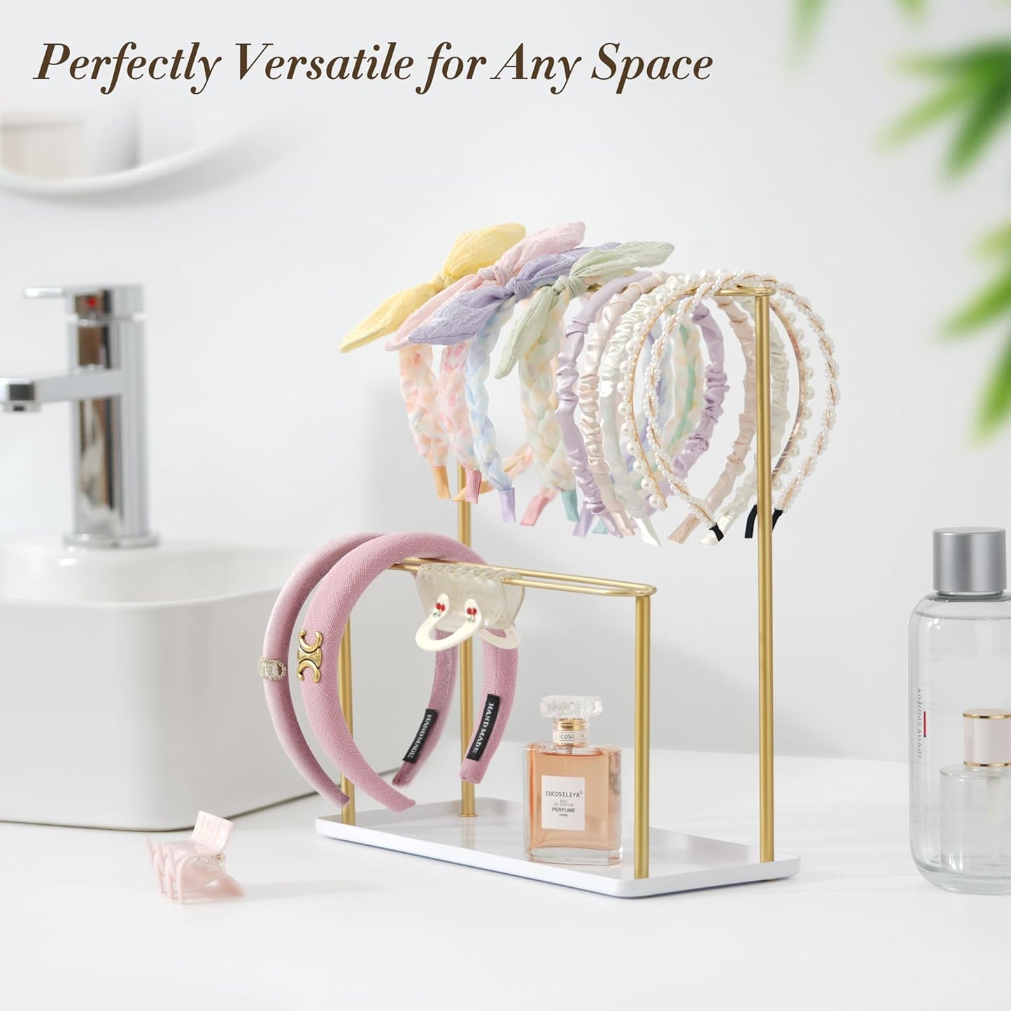 Headband Holder Organizer Metal 2-Tier with Tray: Hair Accessories Display Stand Storage Hairband Rack Necklace Stand Home Bedroom for Girls Women, Gold