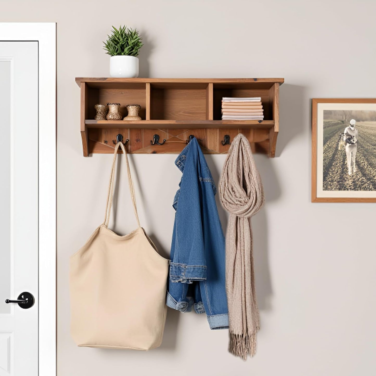 Revive Solid Wood Wall Mounted Coat Rack with 3 Cubbies and 4 Double Hooks – 36" Entryway Wall Shelf Organizer with Easy Installation for Hallway or Mudroom Storage by Alaterre Furniture (Natural)