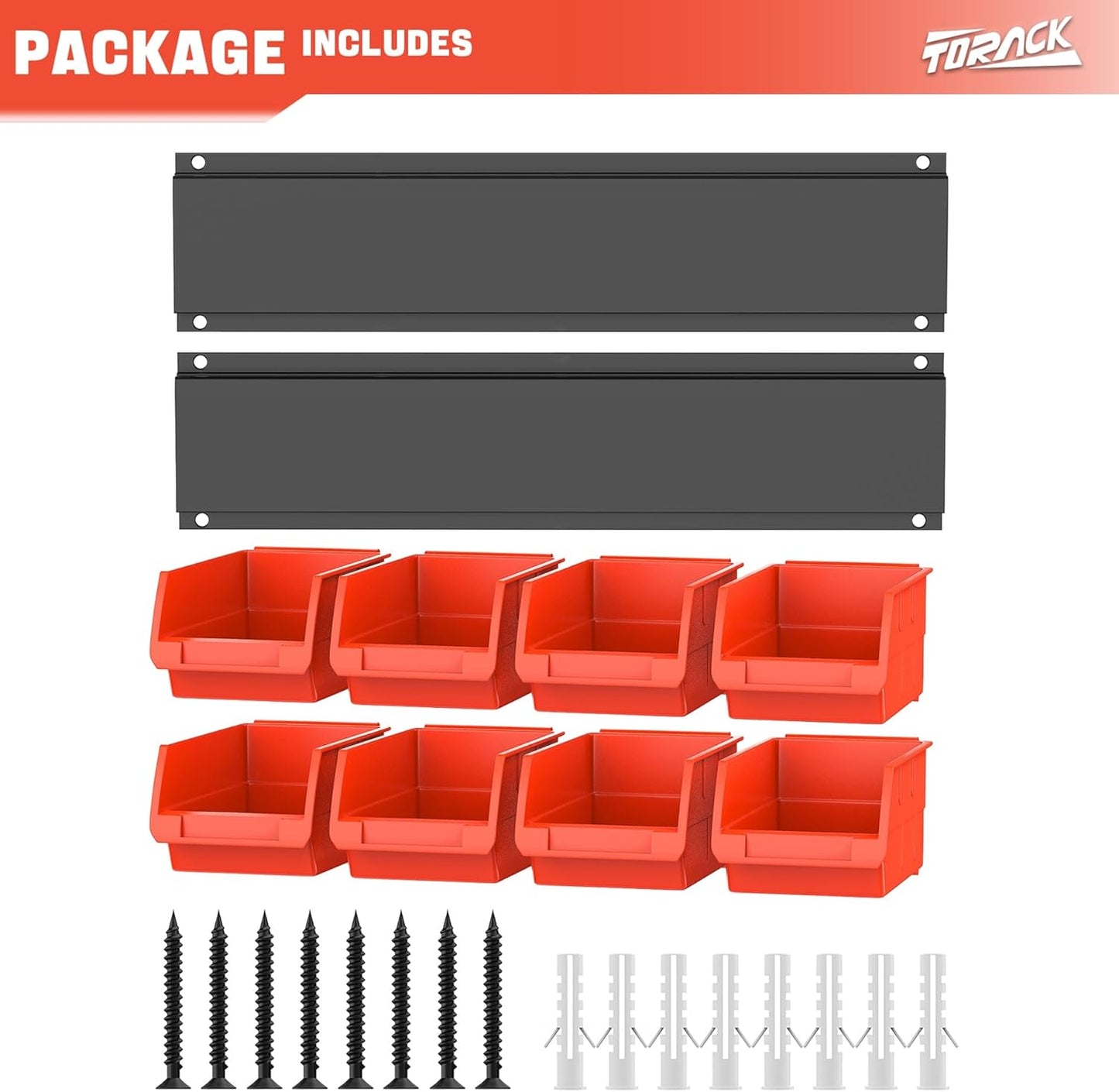 TORACK Wall-Mounted Storage Bins - 8 Plastic Bins & 2 Metal Tracks for Tools Organization in Garage, Craft Room, and Shop(Orange)