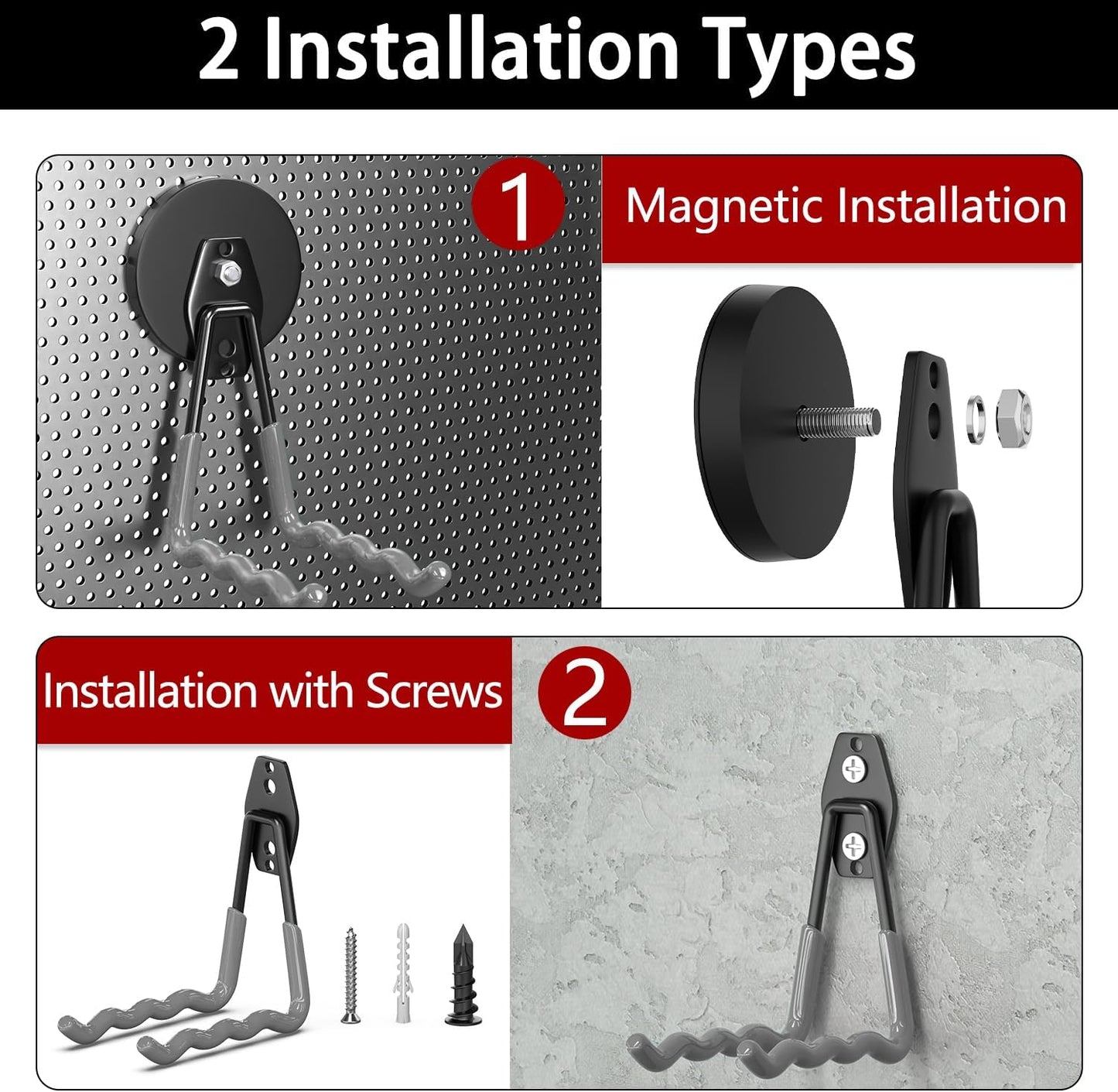 3-H Magnetic Wave Hooks Heavy Duty 2 Pack, Large Magnet Garage Hooks Heavy Duty and Strong Utility Magnetic Tool Holde for Hanging and organizing Garden Power Tool (Grey