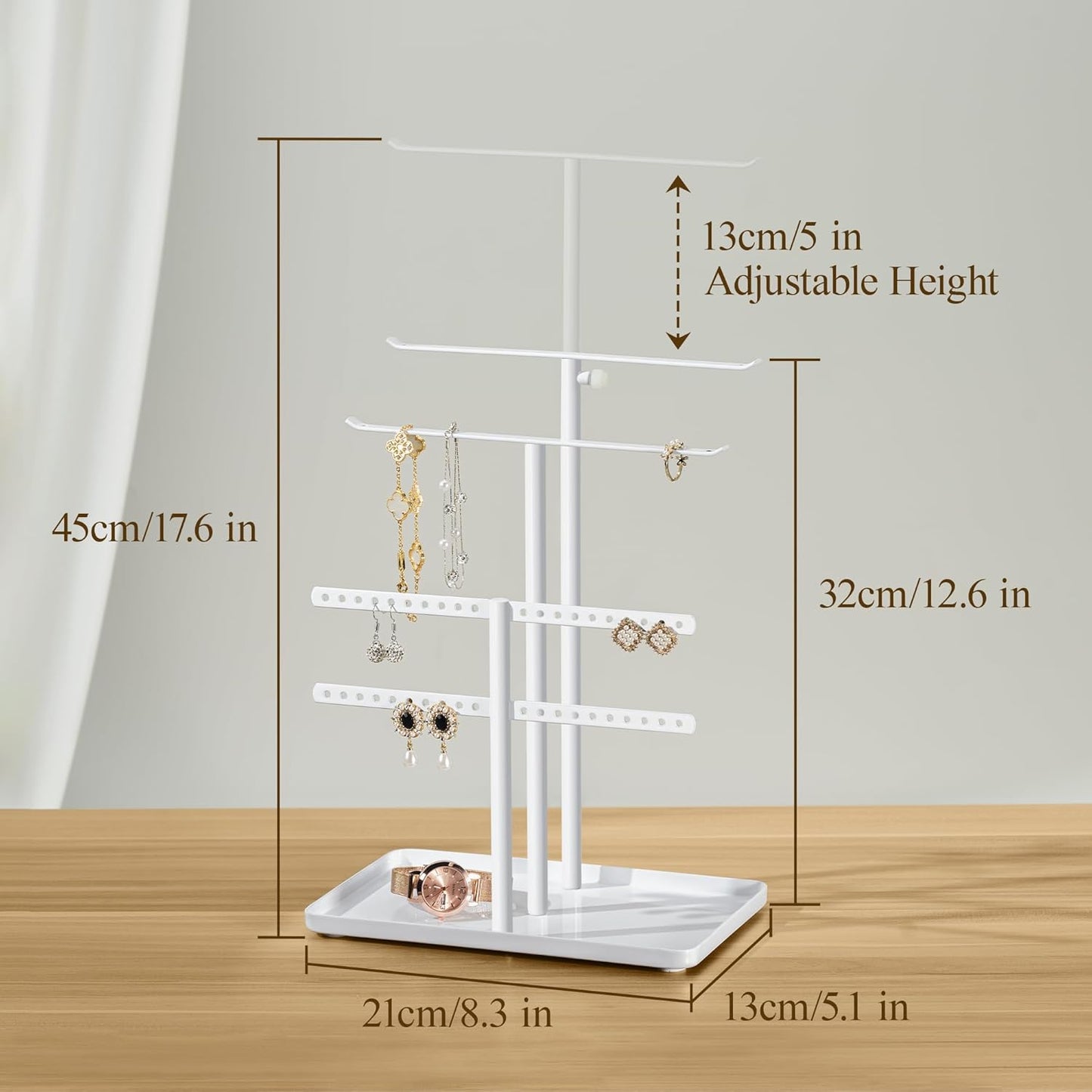 Jewelry Holder Organizer Stand - Adjustable Jewelry Tree 17.5" Height (Max), Jewlery Hanger for Necklaces, Bracelets, Earrings, Stainless, White