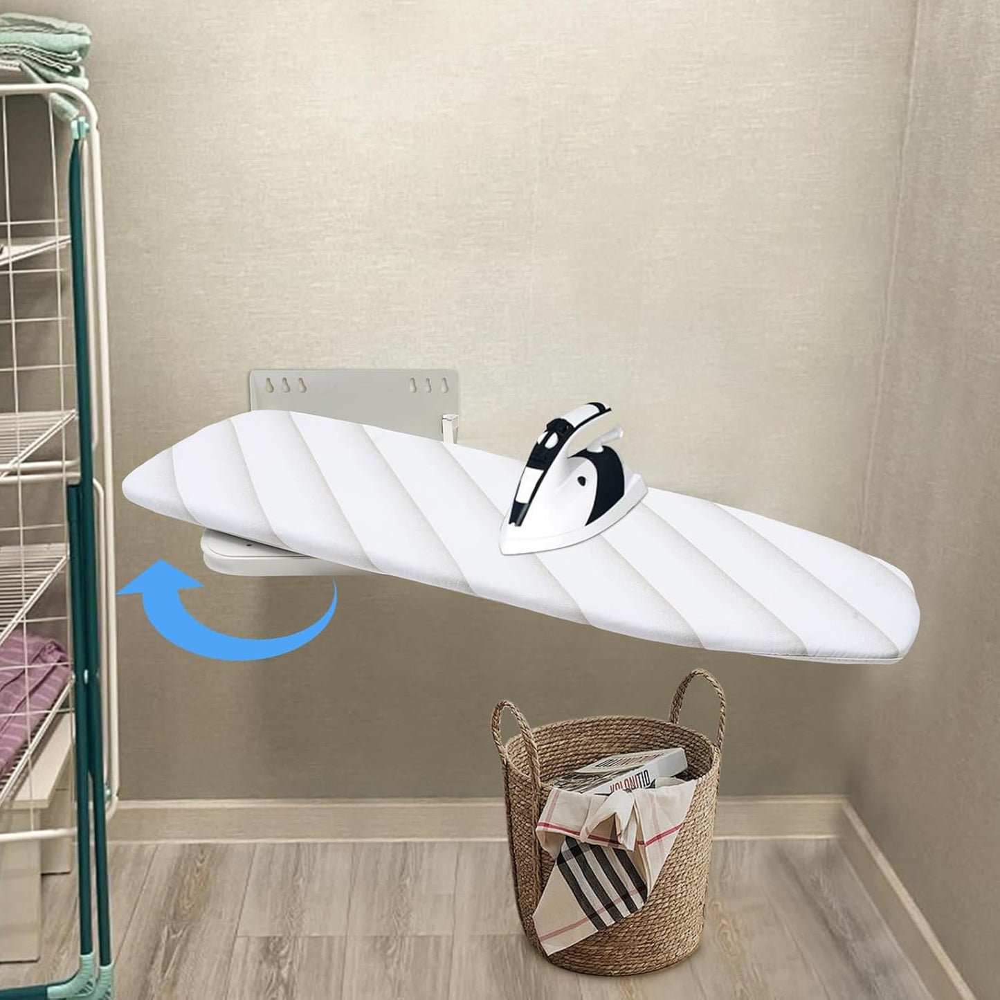 Wall Mounted Ironing Board Foldable Clothes Ironing Table Hiding 180 Degree Swivel Heavy Duty Ironing Board with a Washable Ironing Board Cover for Home Laundry Room (White)