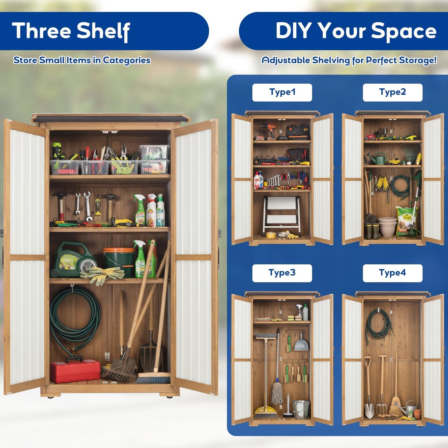 Storage Cabinet Outdoor Garage Cabinets with 3 Adjustable Shelves, Lockable Door, Wood & Metal Weather-Resistant Pantry Cabinet for Patio Garden Home Farm (33.3" Lx 21" Wx 69" H)