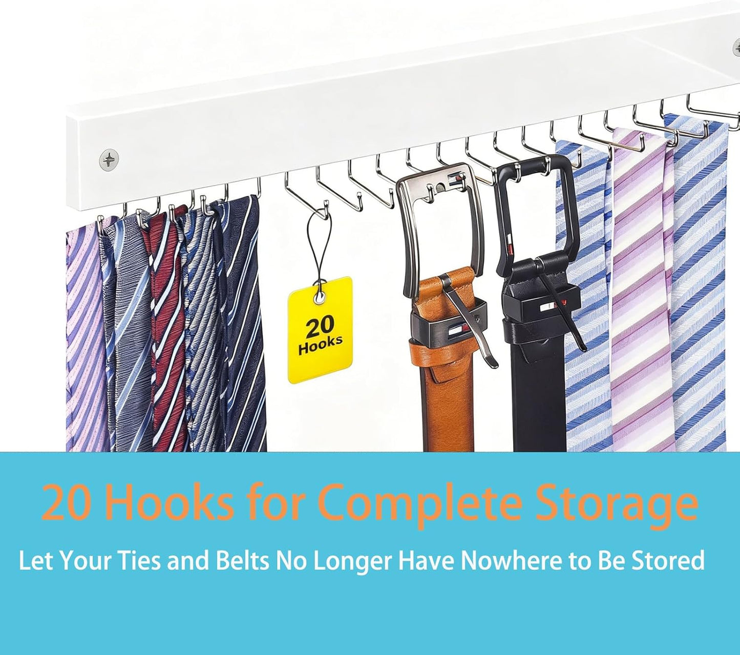 Wall-Mounted Belt and Tie Hanger, Wood Space-Saving Belt Rack with 20 Rotating Hooks - Multi-Functional Closet Organizer for Ties, Belts, Scarves & Accessories