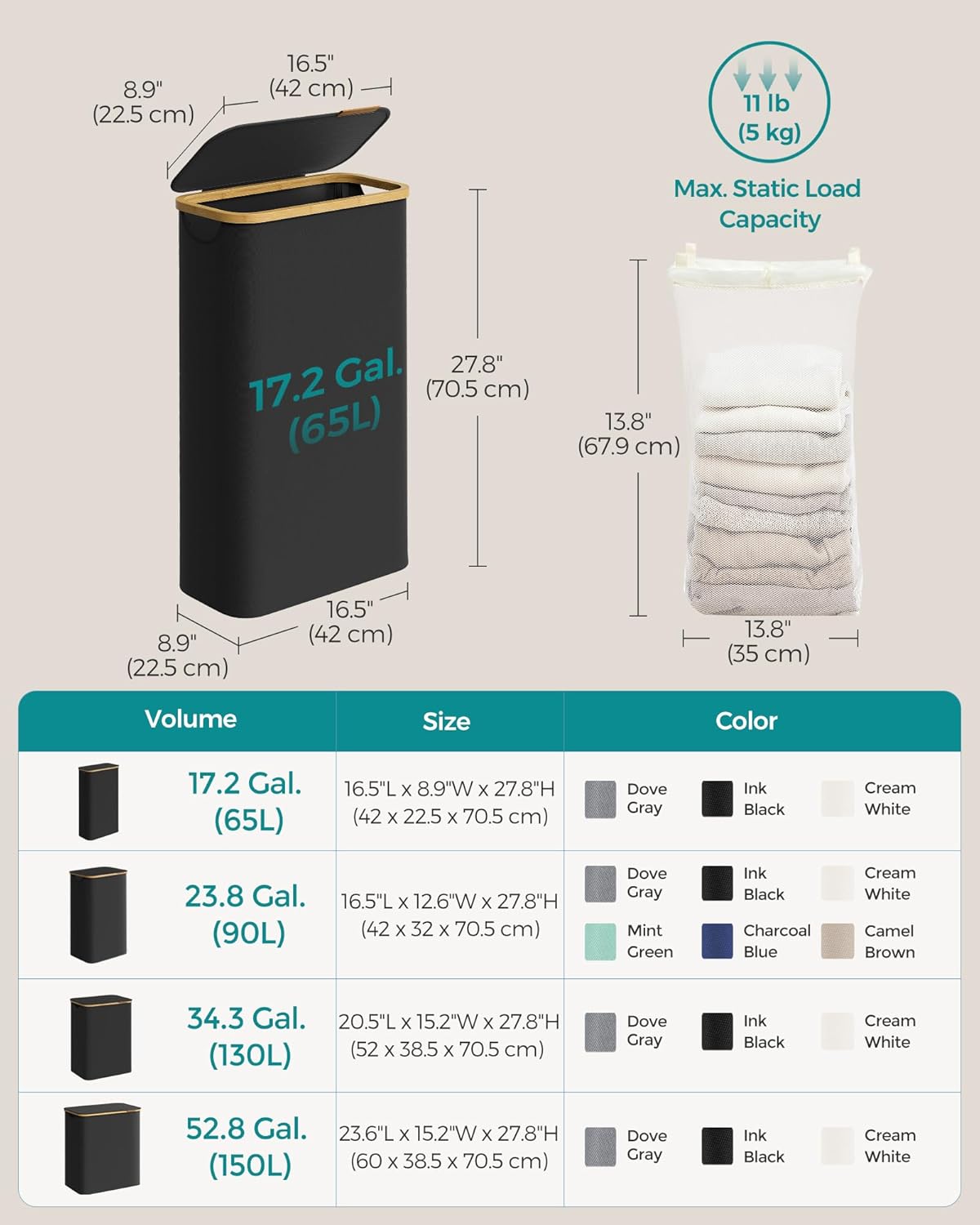 SONGMICS Laundry Hamper with Lid, Slim Laundry Basket, 17.2 Gallons (65L), Space-Saving, Removable Mesh Liner, Bamboo Handles, Collapsible, 16.5 x 8.9 x 27.8 Inches, Ink Black ULCB506B01
