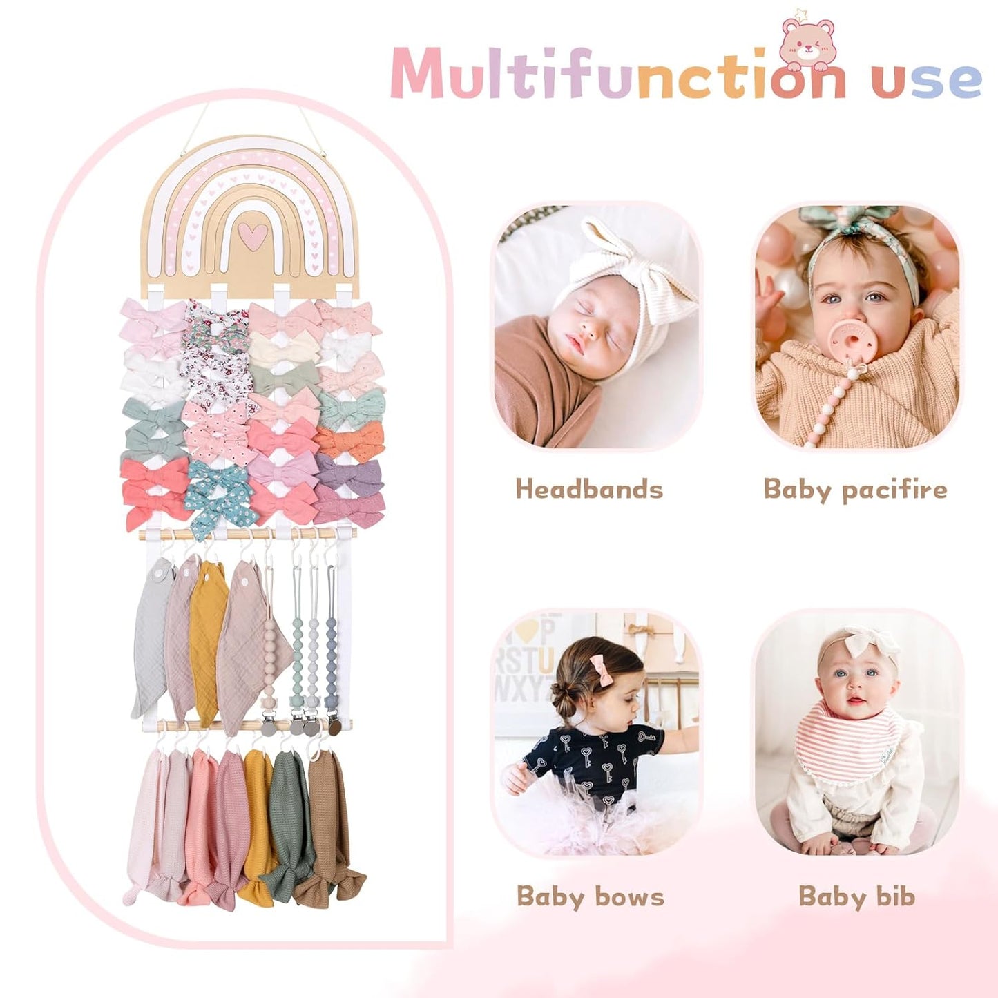 POVETIRE Headband Holder Bow Holder for Girls Hair Bows,Rainbow Hair Accessories Organizer Storage Wall Hanging Display for Nursery Toddler Girls Room