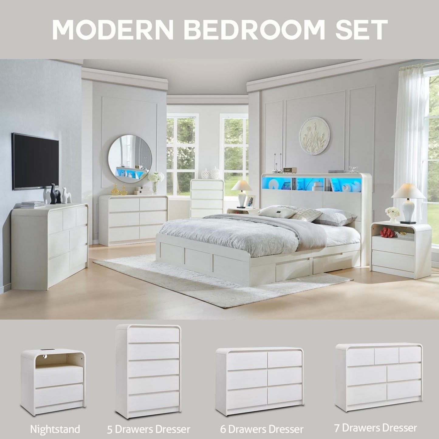 25" Tall Modern Nightstand with Charging Station, 23.6'' Wide Wood Bedside Table w/2 Storage Drawers, Large Mid Century End Table for Bedroom, Living Room, Curved Profile Design, White