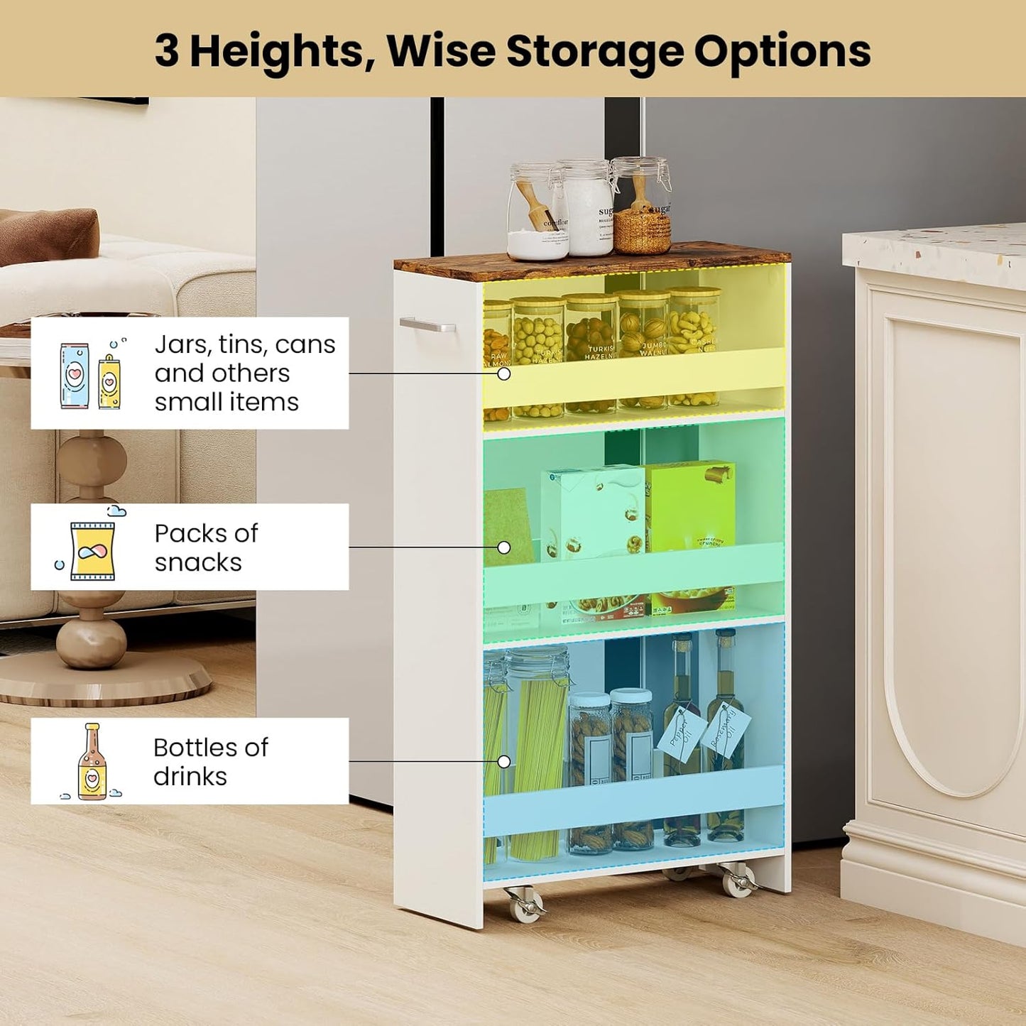 Small Kitchen Cart, 4-Tier Slim Rolling Island w/Handle, Laundry Room Storage Organizers Between Washer and Dryer, Narrow Spice Rack on Wheels Next to Fridge (White & Rustic Brown, 8'')