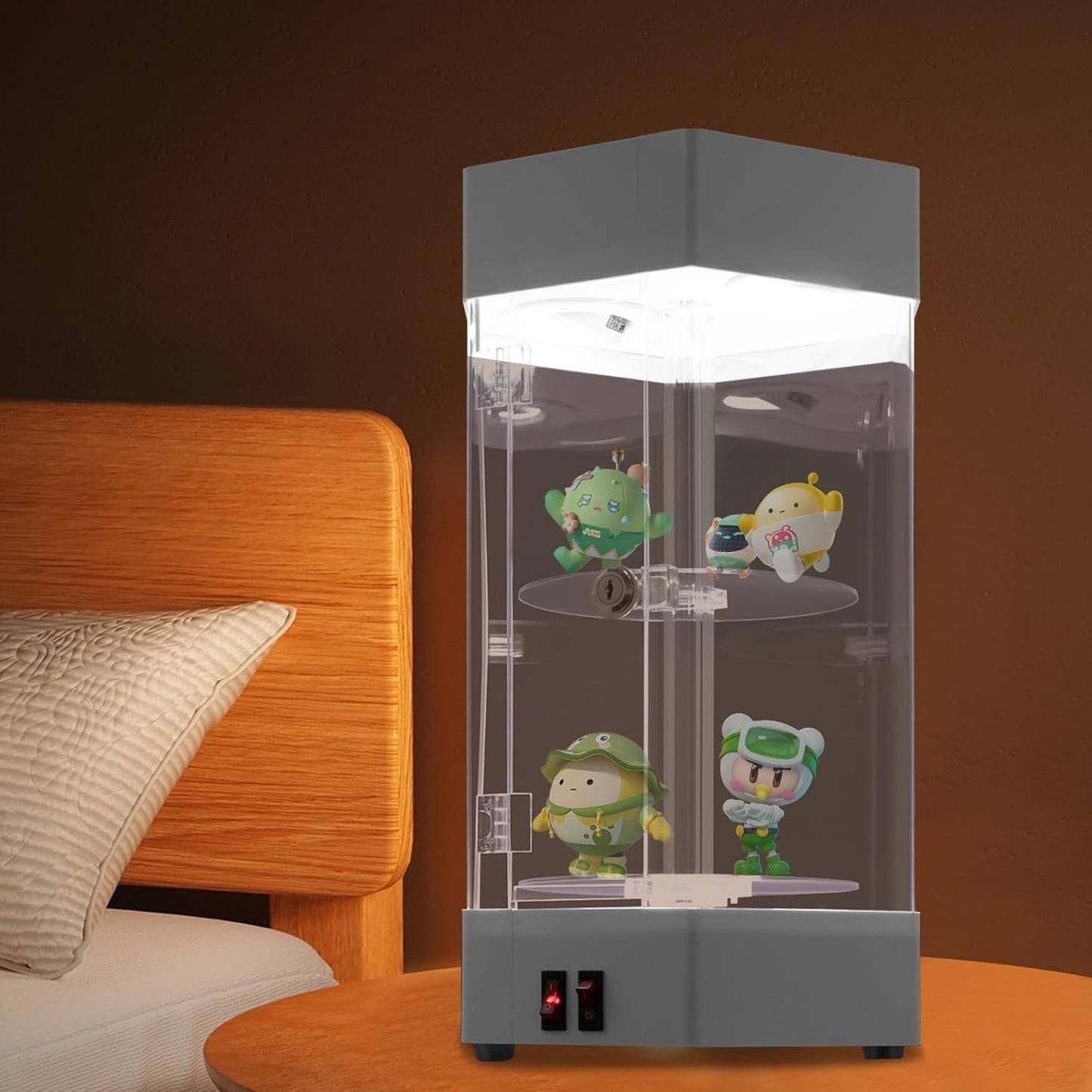 LED Electric Rotating Acrylic Display Case, Jewelry Display Case, Free Standing Electric Rotating Display Case with Lock and Keys for Cosmetics Jewelry Watch Sunglasses White/Balck (White)