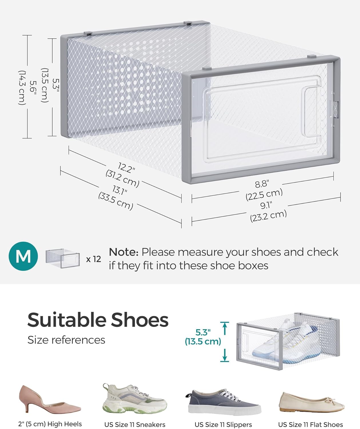 SONGMICS Shoe Boxes, Pack of 12 Shoe Storage Organizers, Stackable Clear Plastic Boxes for Closet, Sneakers, 13.1 x 9.1 x 5.6 Inches, Transparent and Gray ULSP006G12