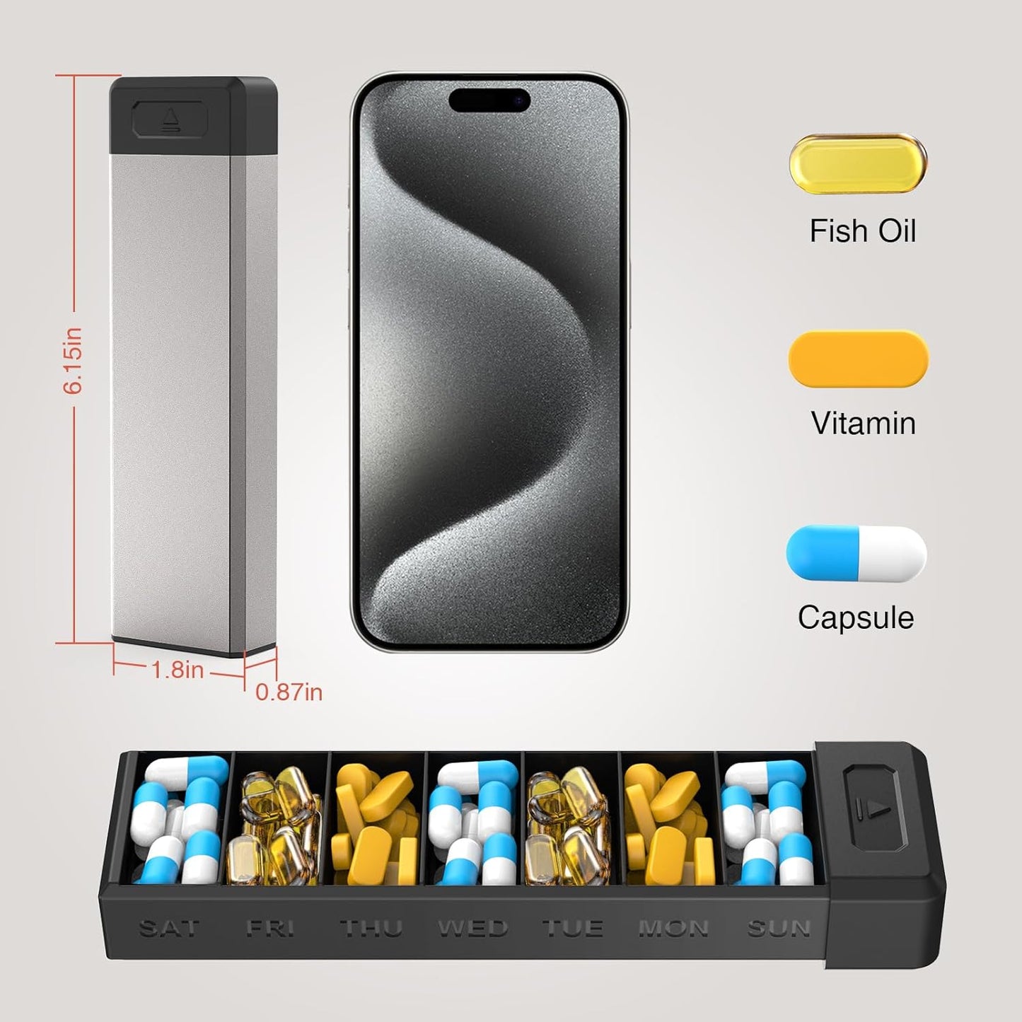 HEIYING Pill Organizer with Aluminum Shell for One Week Capacity, Portable 7 Compartments Pill Box Container to Hold Vitamin, Medicine, Supplements