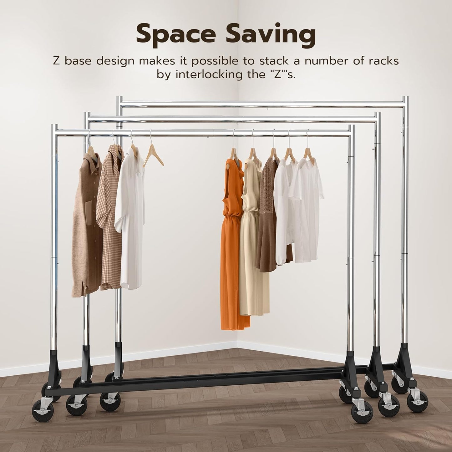 HOKEEPER Commercial Z Base Garment Rack Hold 500LBS Heavy Duty Clothing Rack Adjustable Rolling Clothes Rack for Hanging Clothes Racks on Wheels Portable Z Rack, Chrome Finish