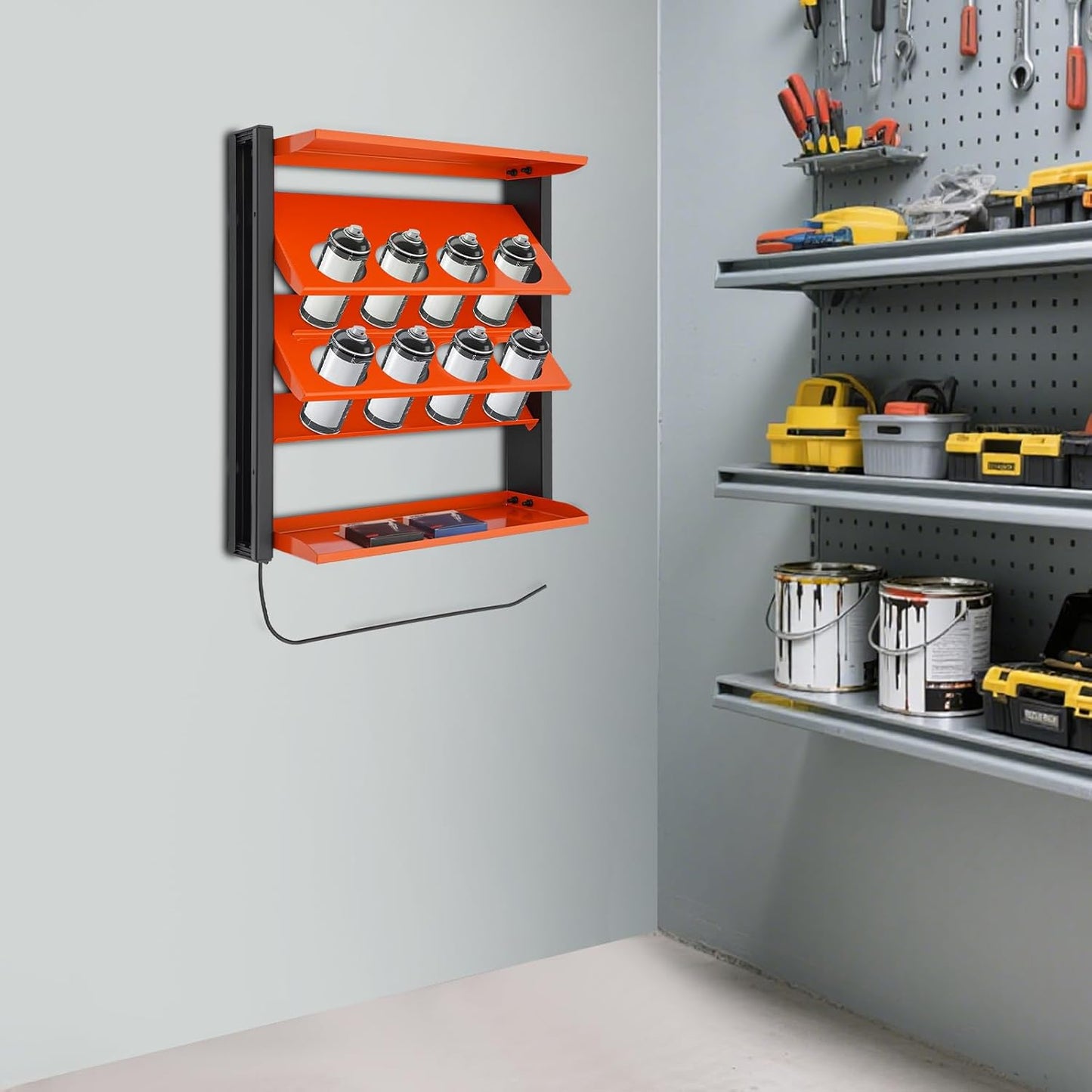 Spray Can Holder Wall-mounted Paints Holder Garage Storage Heavy Duty Paint Bottle Organizer for Garage & Home 8 Can Holes & 2 Shelf Shop Organization And Storage