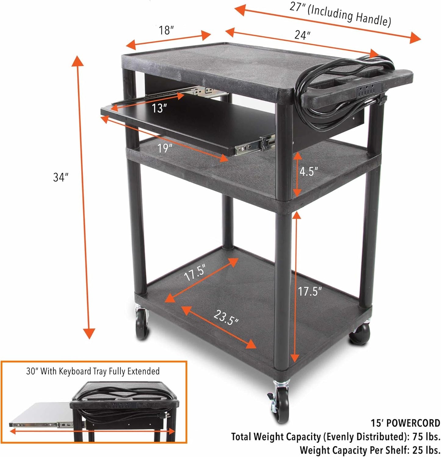 Line Leader Plastic AV Cart with Keyboard Tray, Mobile Workstation with Storage For Offices and Schools, Rolling with 4 Casters, 2 Locking Brakes, Heavy Duty, Holds up to 100 lbs (Black, 24 x 18 x 34)