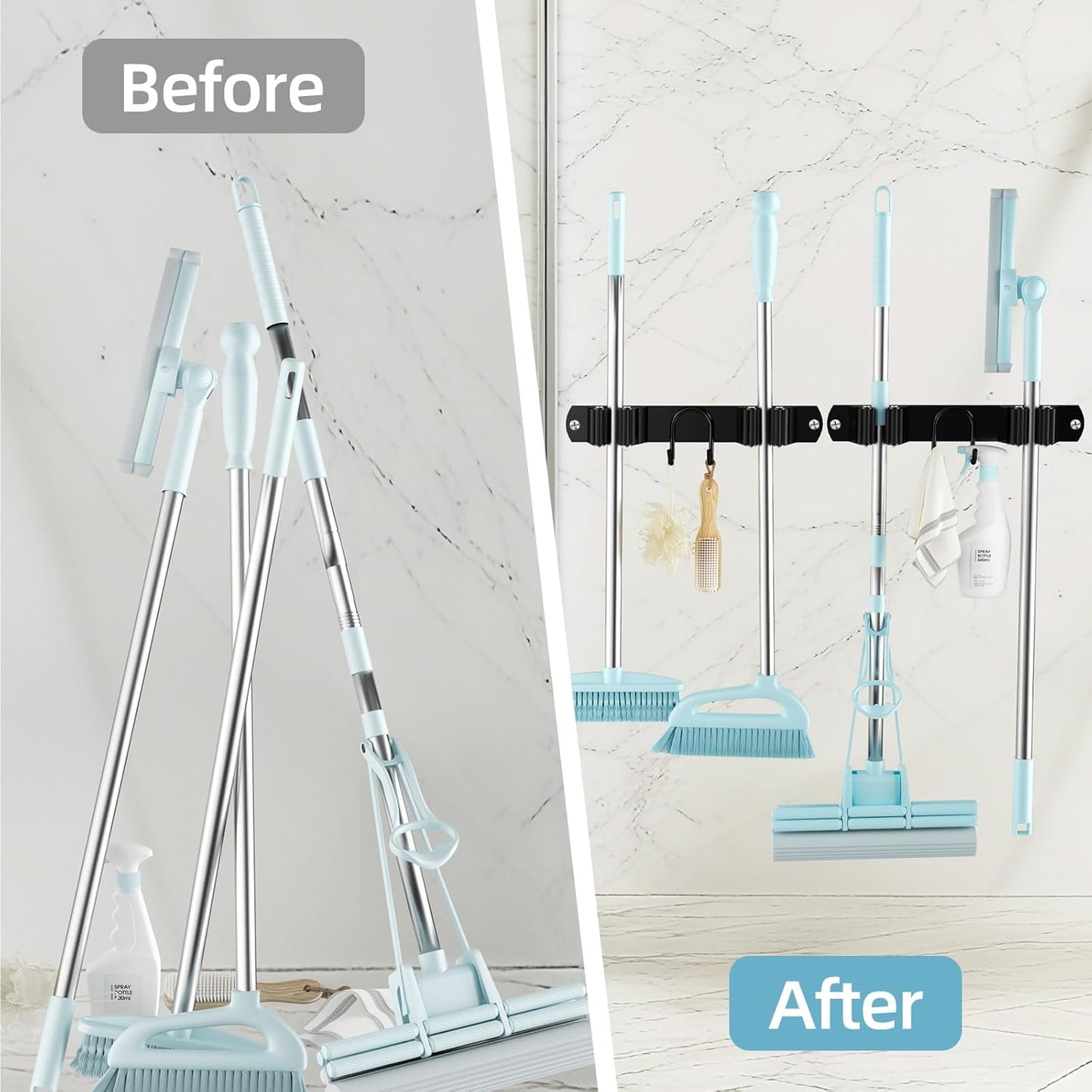 Broom Holder Wall Mount, 2-Pack Stainless Steel Mop and Broom Organizer, Broom Hanger with 2 Slots 2 Hooks for Home Kitchen, Garage, Garden and Laundry Room, Black