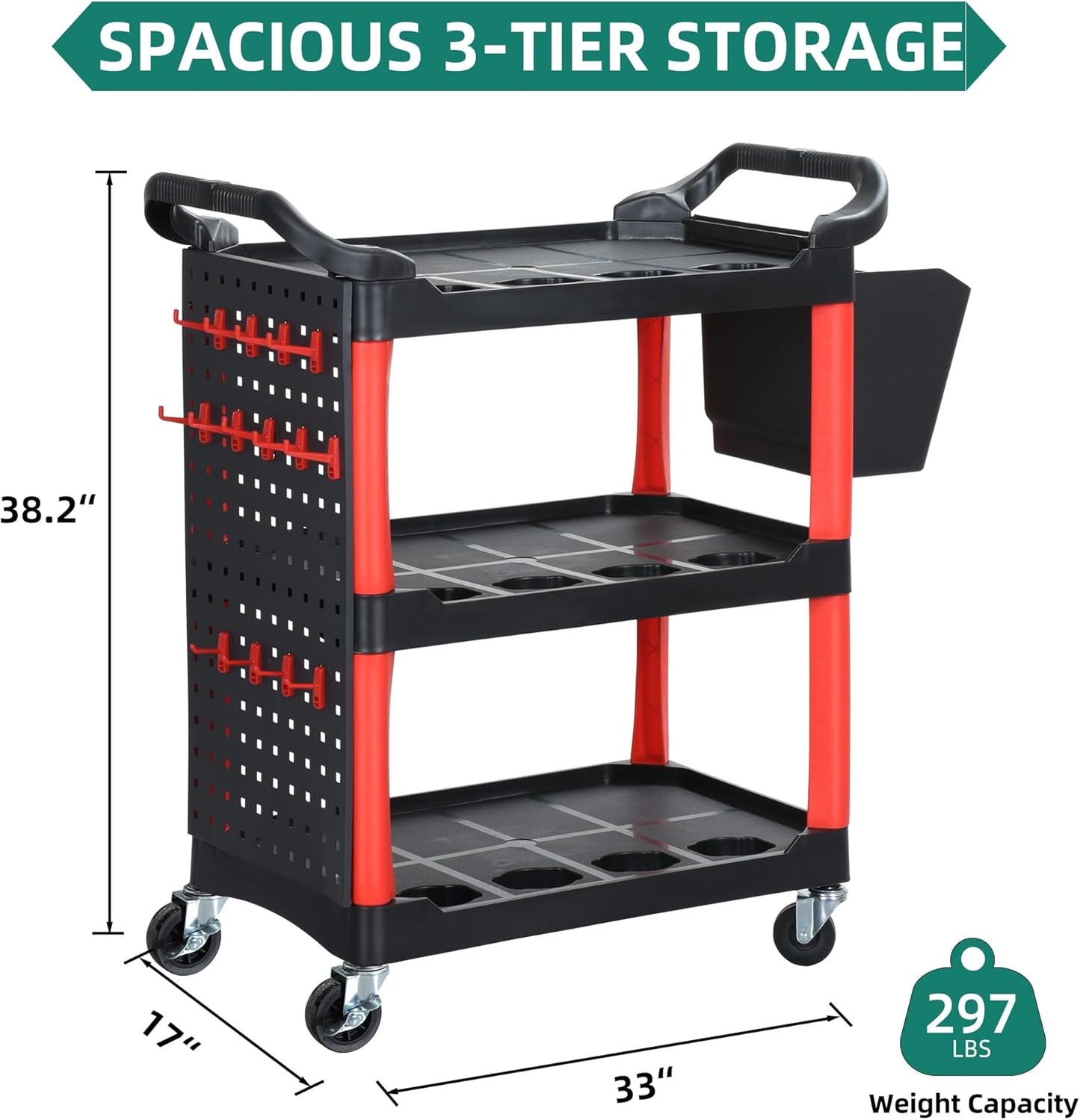 YITAHOME Auto Detailing Cart with Wheels, 3 Tier Rolling Detail Cart with Long Hanging Plate & Hooks & Hanging Bucket, Car Wash Organizer Cart for Detailers Garage, Workshop, Repair Shop, Storage Tool