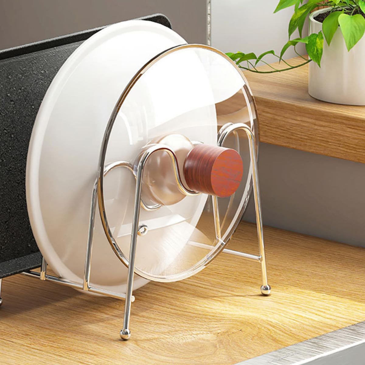 Uonlytech Multipurpose Silver Kitchen Pot Lid Holder Rack with Compartments for Organizing Pan Covers Plates and Cutting Boards Convenient Hygienic Storage Stand for Countertop and Cabinet