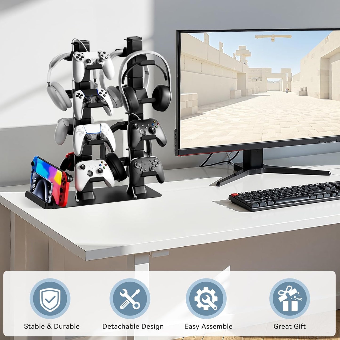 Headphone and Game Controller Desk Stand for PS5/ Xbox/ PS4 Controller, 4 Tiers Headset Hanger with Organizer for Switch 2/1/PS Portal Game Console, Multiple Controller Storage Dispay Rack-16 Hooks