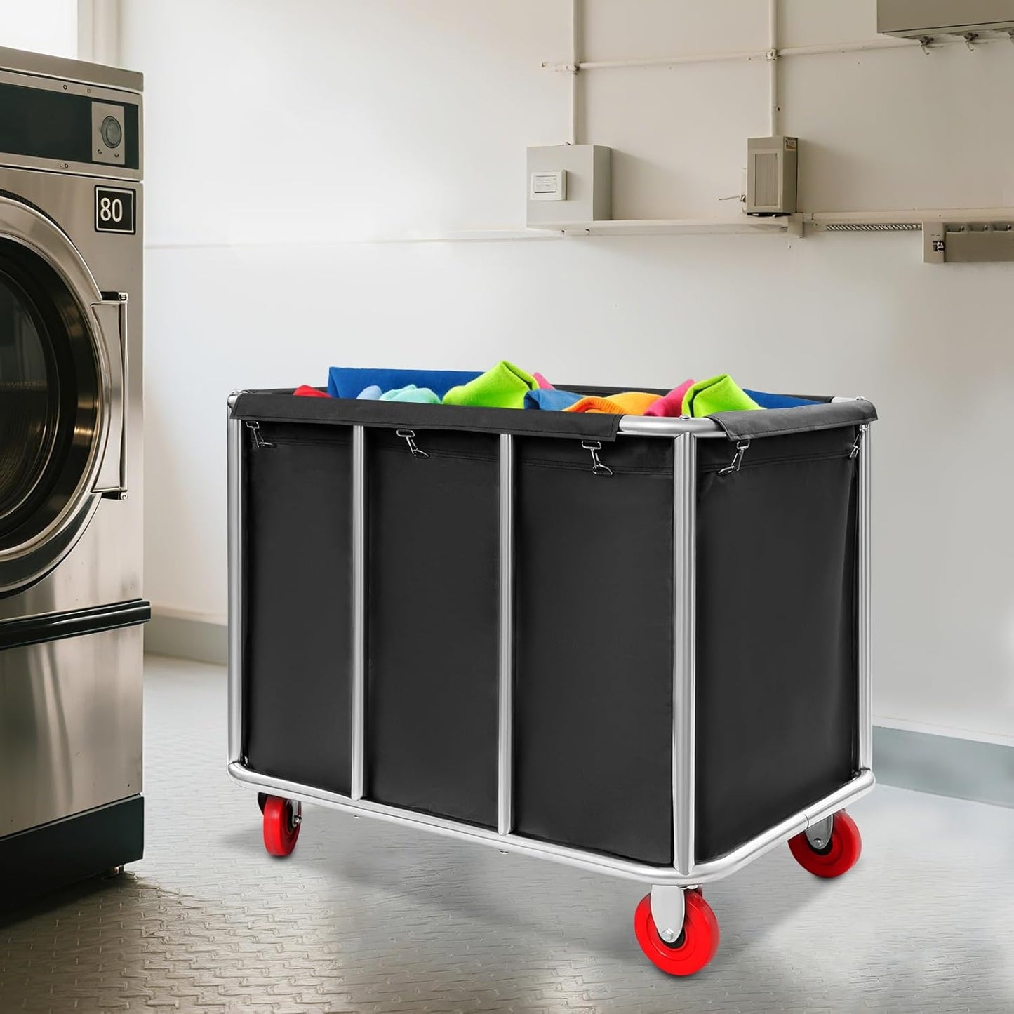Commercial Laundry Cart with Wheels,Laundry Hamper Cart,Heavy Duty Rolling Basket with Large Capacity,Sorter Trolley for Home Hotel Apartment (Black, 35.43 * 25.6 * 31.5in)