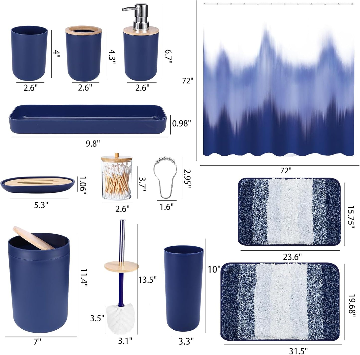 iMucci Bathroom Accessories Navy Blue Bathroom Sets with Shower Curtain and Rug, Navy Blue Ombre Waterproof Shower Curtain with Ultra Absorbent Rug Bathroom Accessories Set for Home Decor