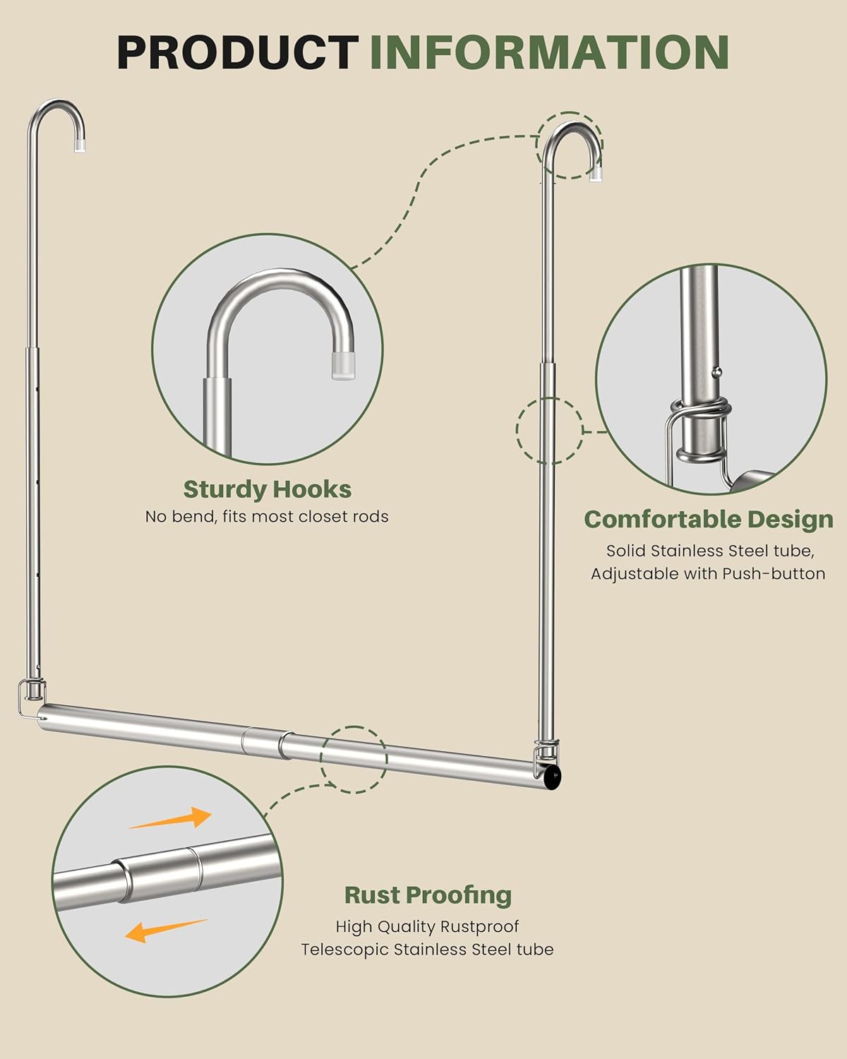Hanging Closet Rod, Adjustable Height & Width Closet Rods for Hanging Clothes-Closet Extender Hanging Rod Space-Maximizing Design Suitable for Hanging and Drying Clothes, Silver