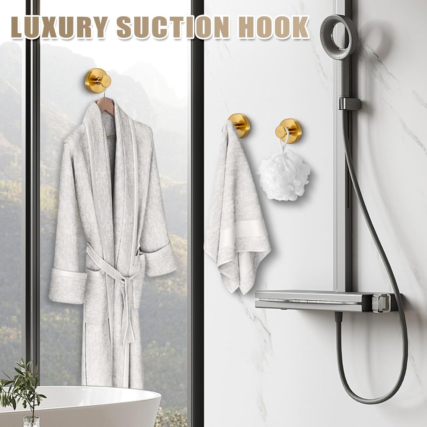 Suction Cup Hooks for Shower No-Drill Bathroom Hooks for Towels, Robes, Loofah Mountable on Bathroom Walls, Kitchen, Glass, Mirrors, Tile and Smooth,Non-Porous Surfaces (4, Brushed Gold)