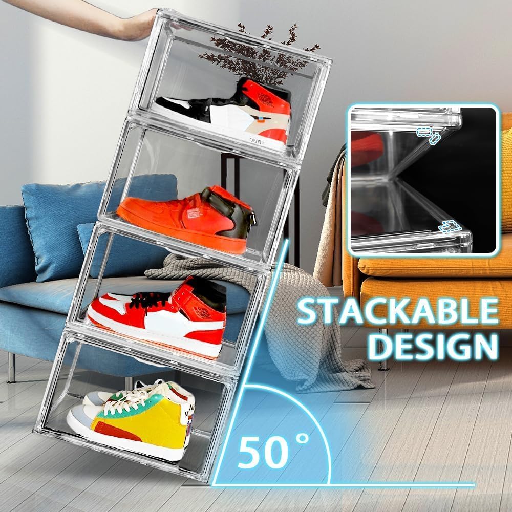 5 Pack Acrylic Shoe Box Size 14, Clear Plastic Stackable Sneaker Shoe Display Case Transparent Storage Bins Handbag Organizer Containers with Magnetic Lids, Figures Collectibles Showcase
