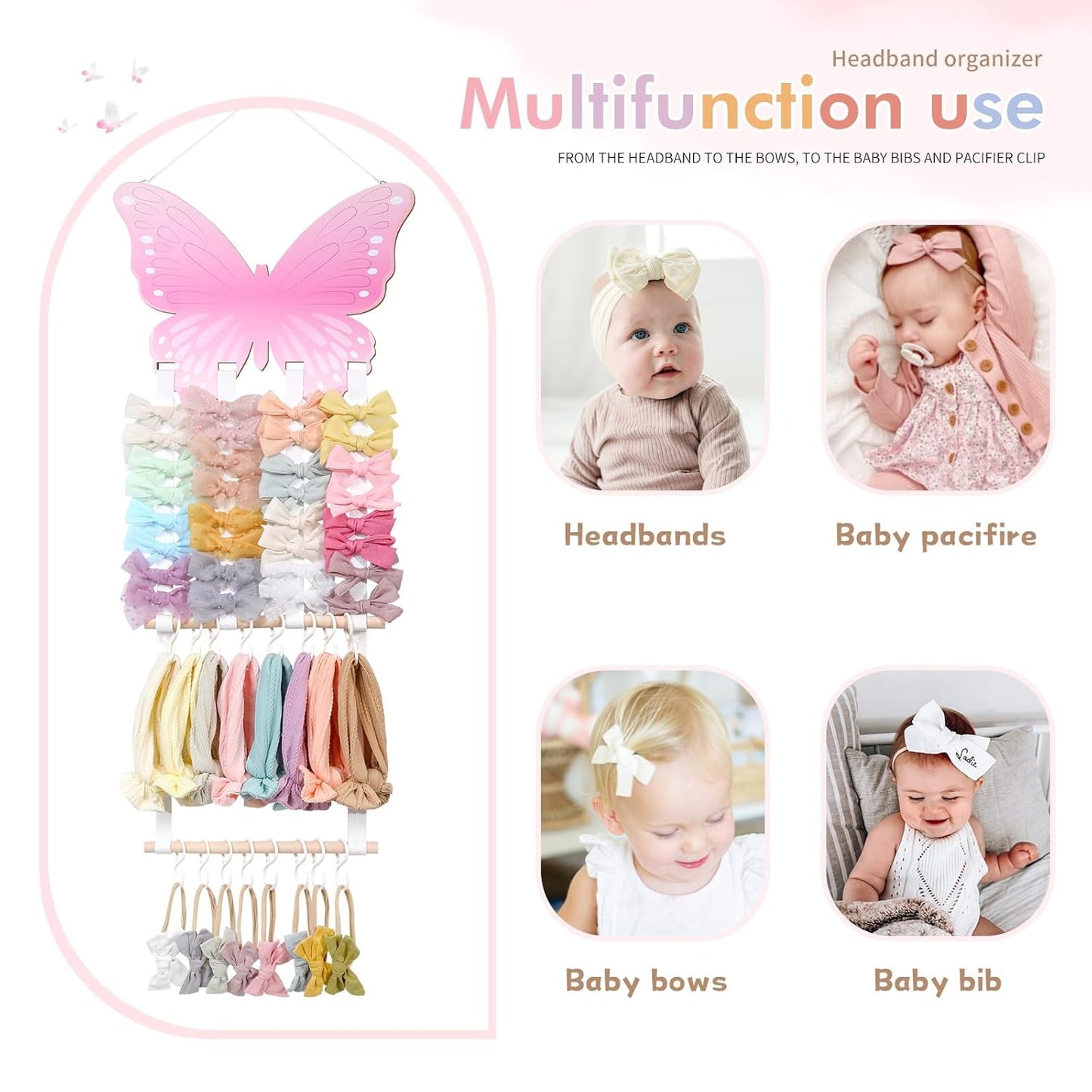 POVETIRE Headband Holder Bow Holder for Girls Hair Bows,Butterfly Hair Accessories Organizer Storage Wall Hanging Display for Nursery Toddler Girls Room