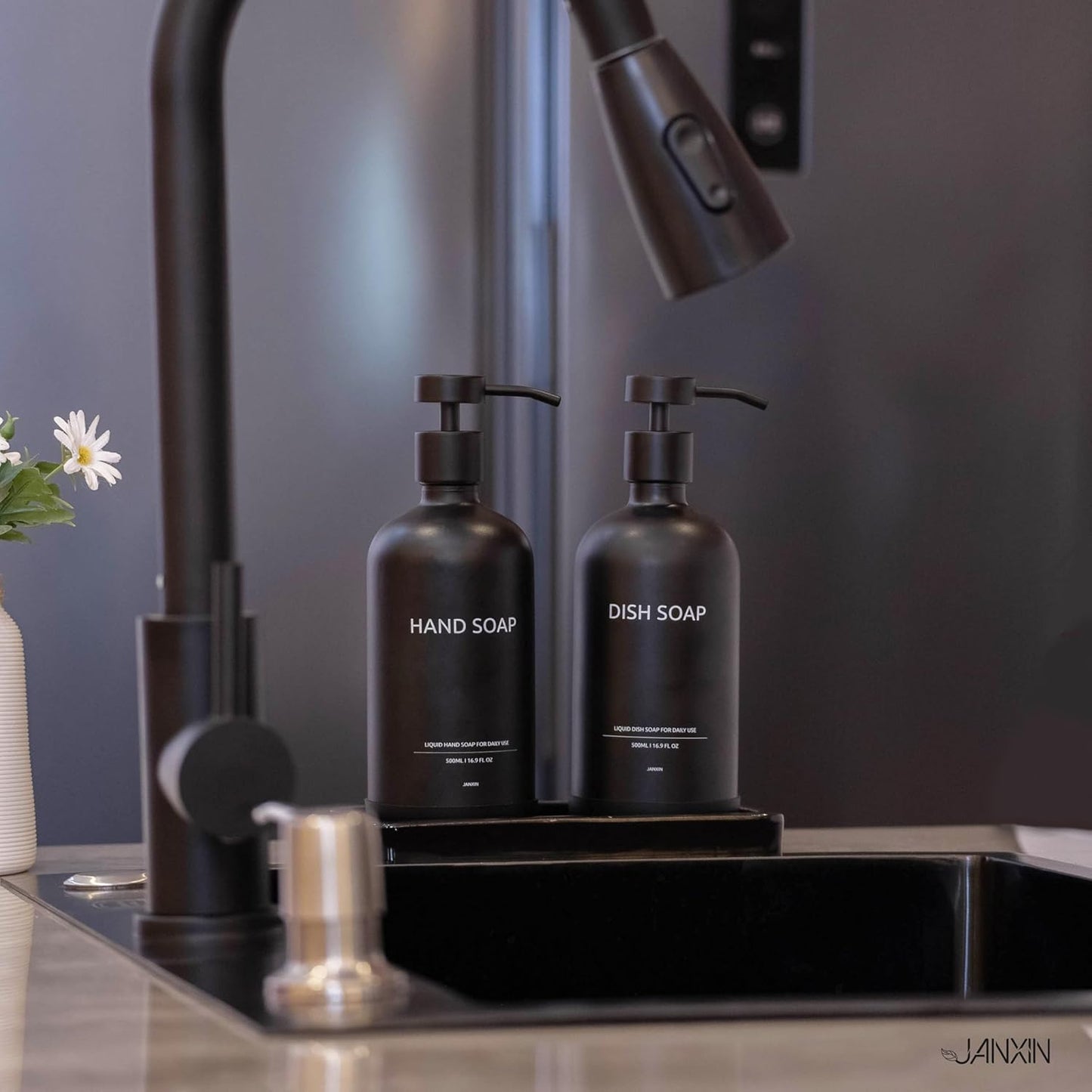 Glass Kitchen Soap Dispenser Set with Ceramic Tray,16.9 floz Hand and Dish Soap Dispenser for Kitchen and Bathroom Decor (Black Bottles +Black Pumps)