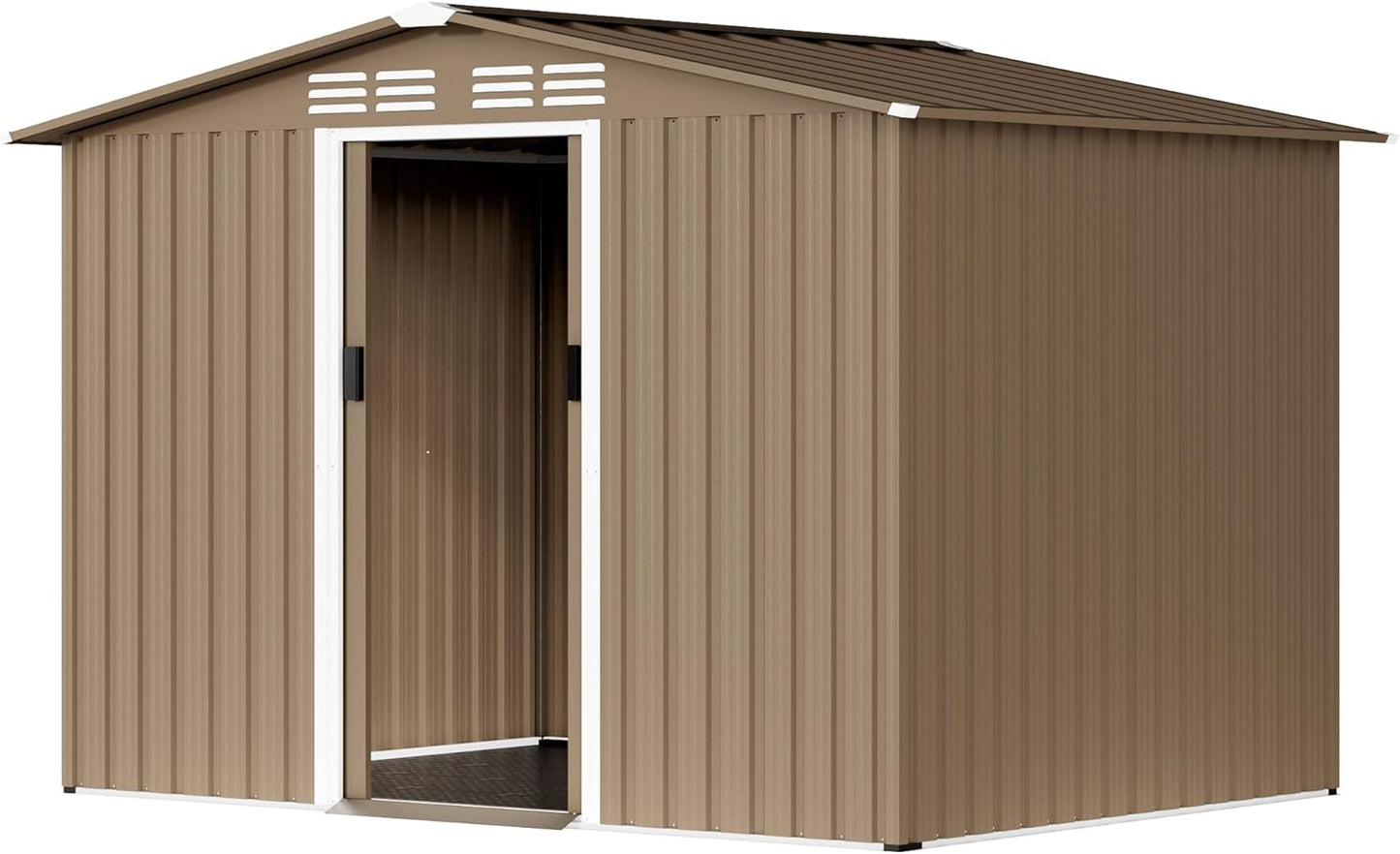8x6FT Outdoor Storage Shed with Floor,Lockable Sliding Doors Outdoor Waterproof Tool Storage Sheds,Metal Storage Shed for Garden, Patio, Backyard(Brown)