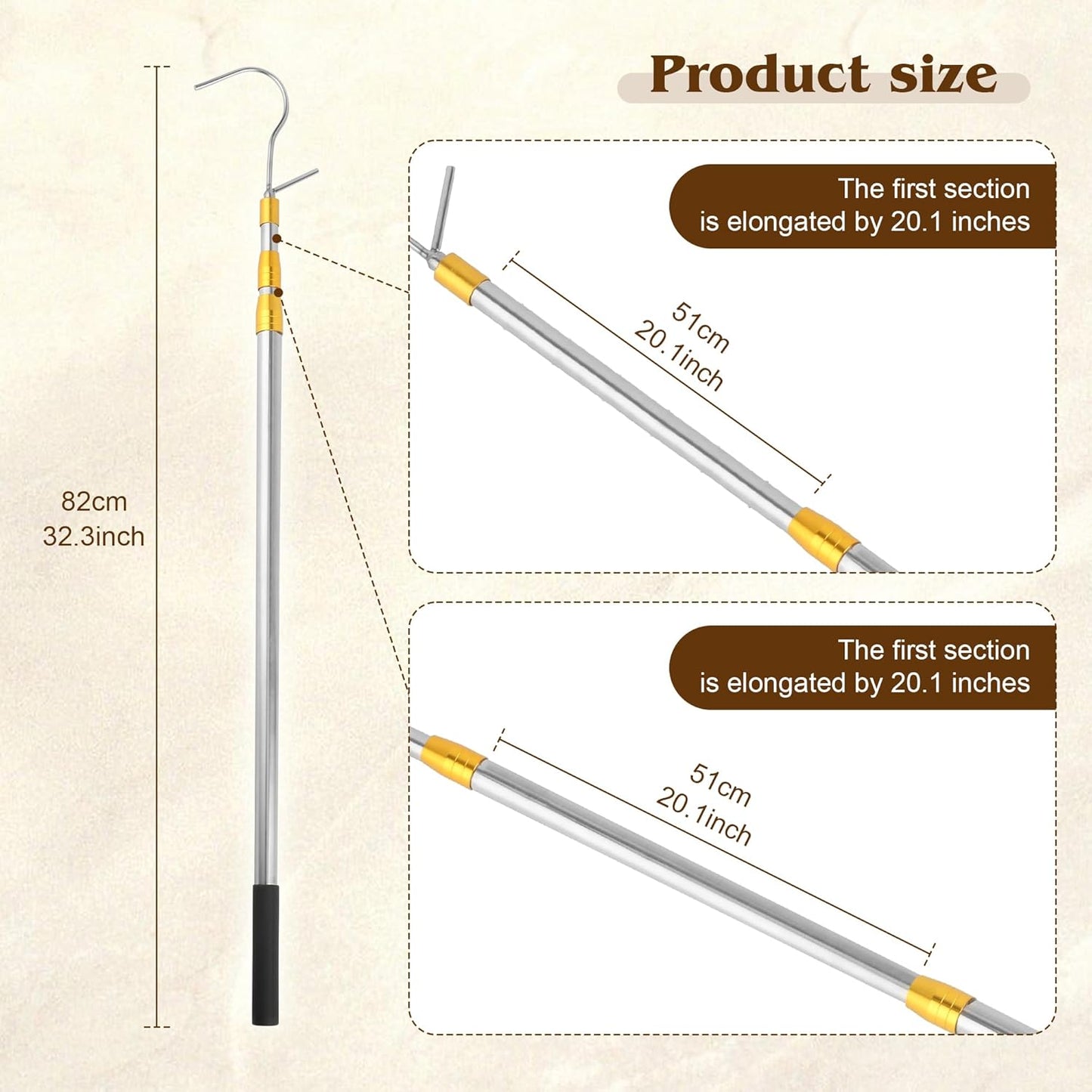 Clothes Hook Rod, 27-62 Inch Long Telescopic Rod, Stainless Steel, S-Shaped Hook, Tension Mounted
