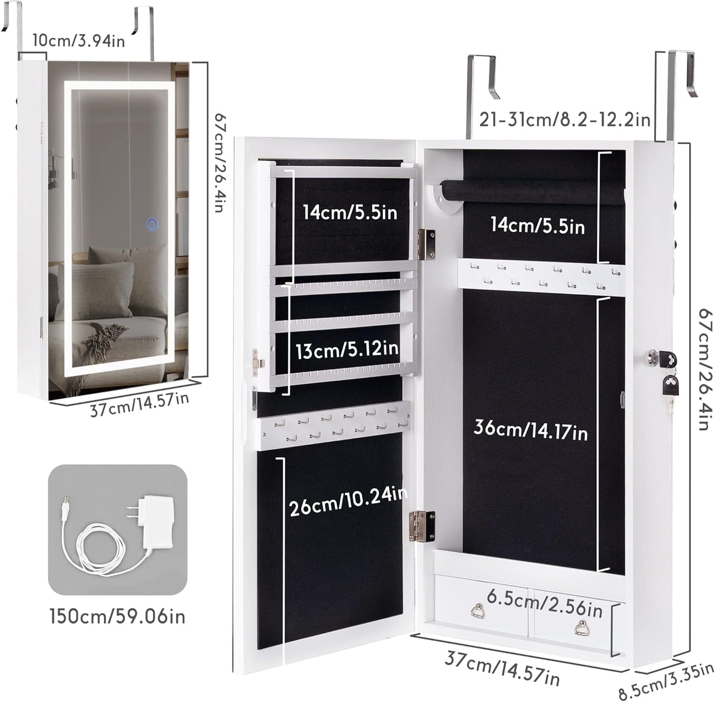 LAVIEVERT Jewelry Armoire with LED Lighted Mirror, Wall/Door Mounted Frameless Mirror with 3 Color Lights, Lockable Jewelry Cabinet Hanging Jewelry Organizer with 2 Drawers - White