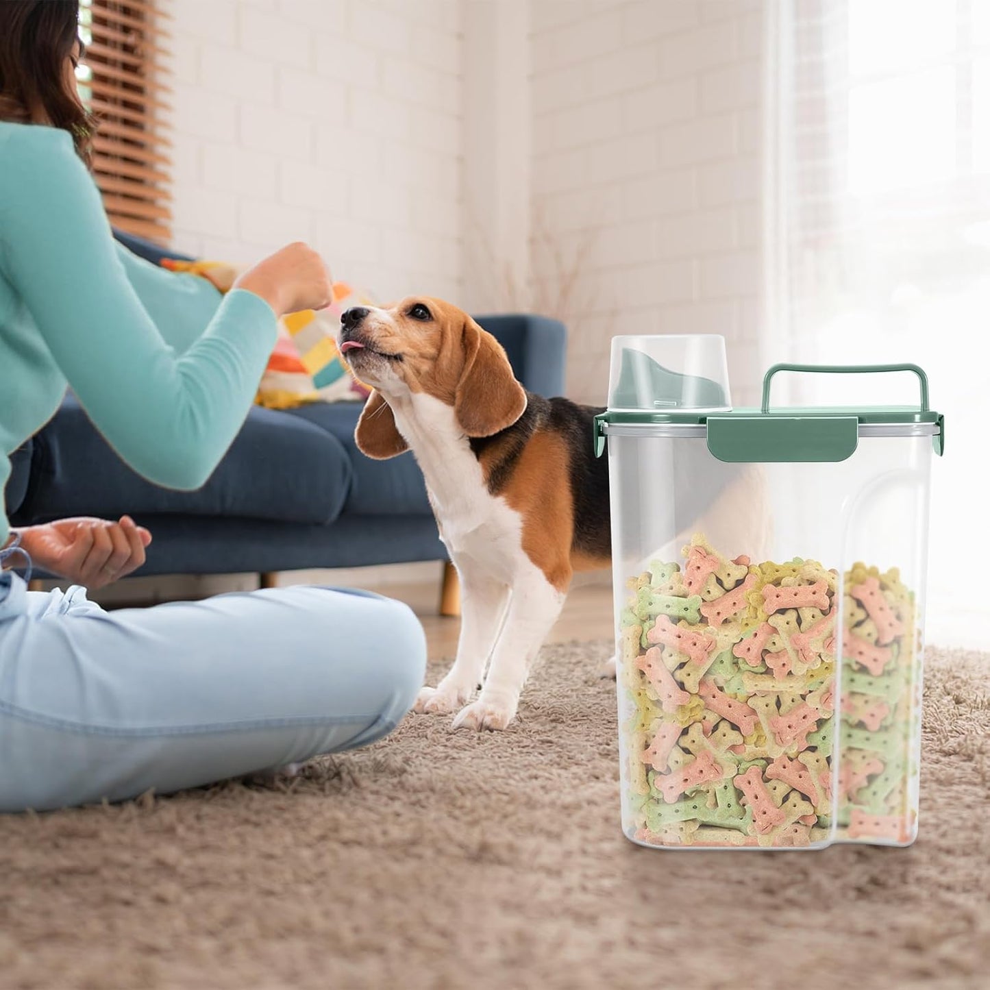 5-7Lbs Dog Cat Food Storage Container with Upgraded Large Nozzle BPA-free, 4 Snap Seals Plastic Pet Food Storage Containers with Handles (Green+Dark Green, 5L-2pack)